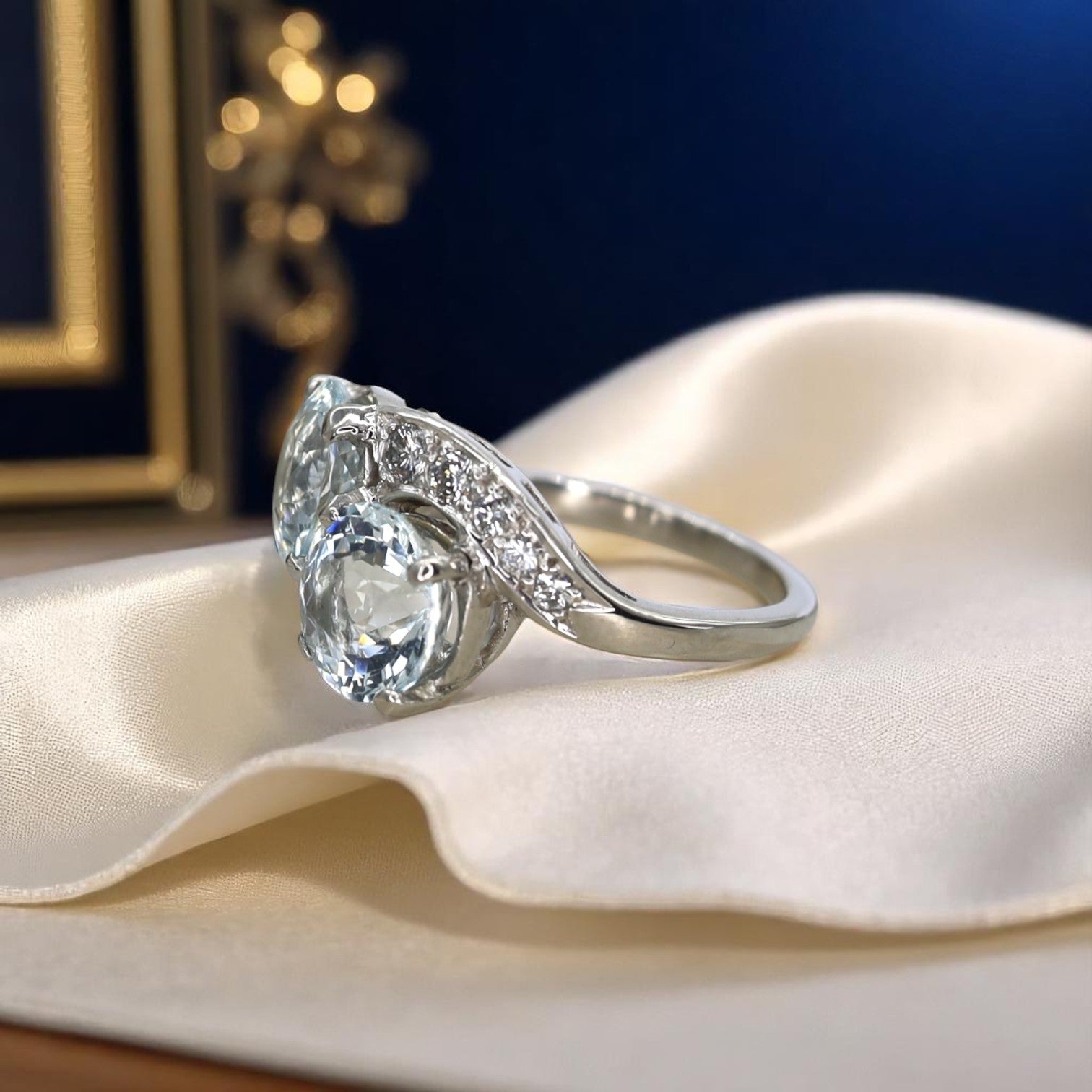Art Deco Platinum and Diamond Aquamarine Ring - Petra Star