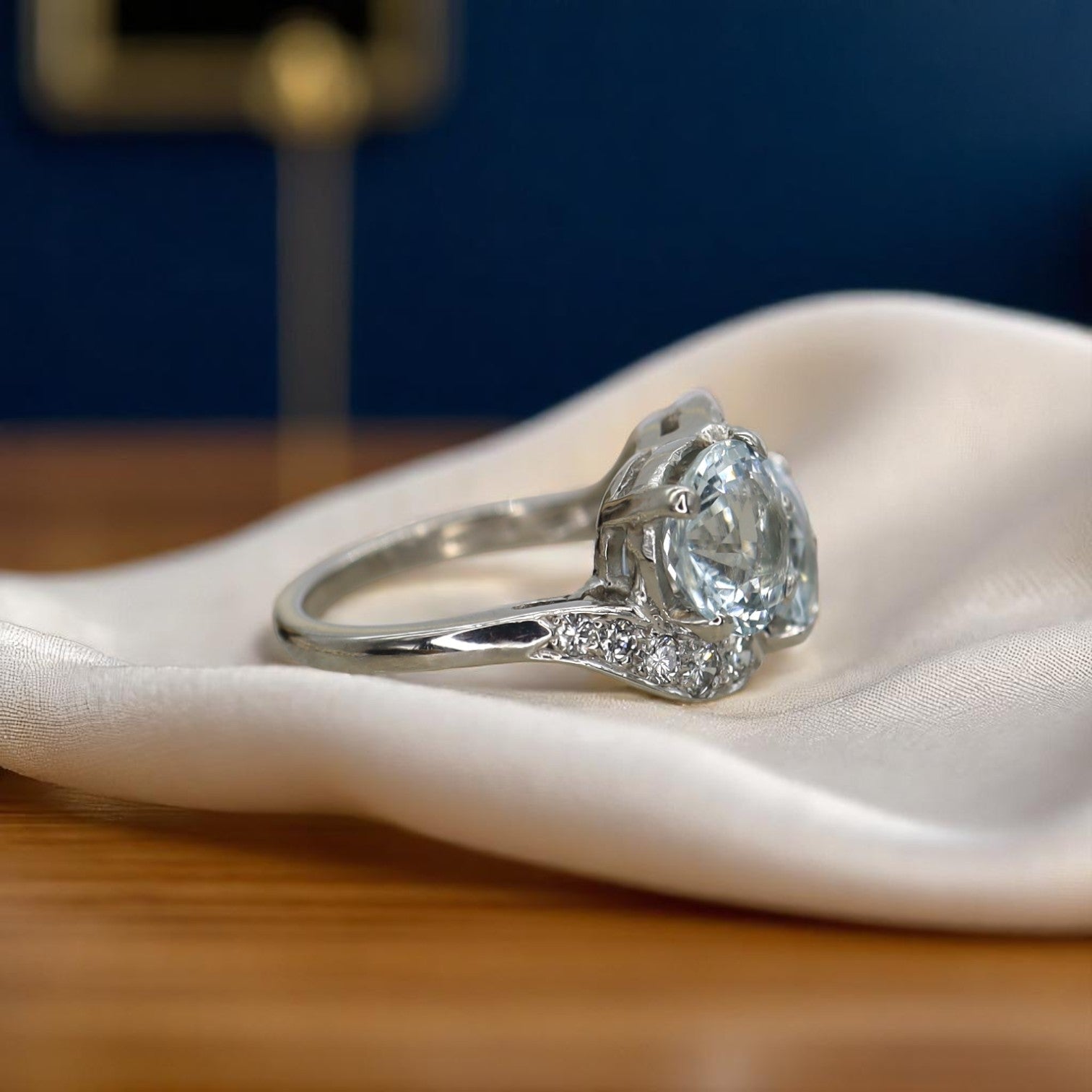 Art Deco Platinum and Diamond Aquamarine Ring - Petra Star