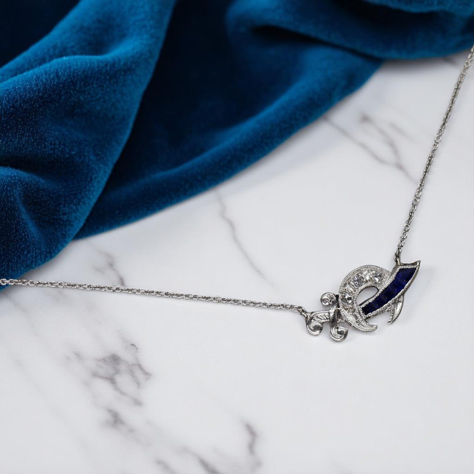 Art Deco Platinum Diamond and Sapphire Necklace - Petra Star