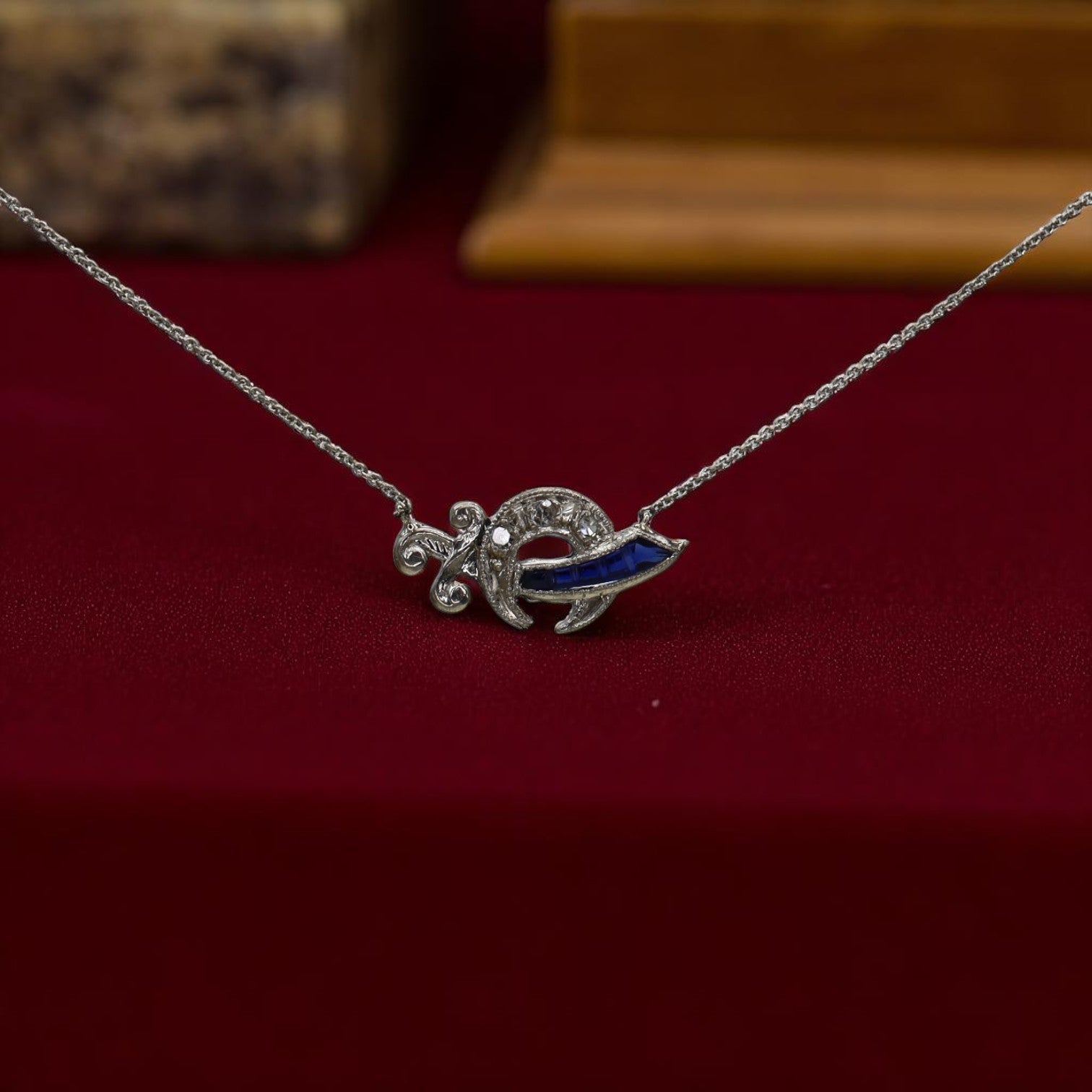 Art Deco Platinum Diamond and Sapphire Necklace - Petra Star