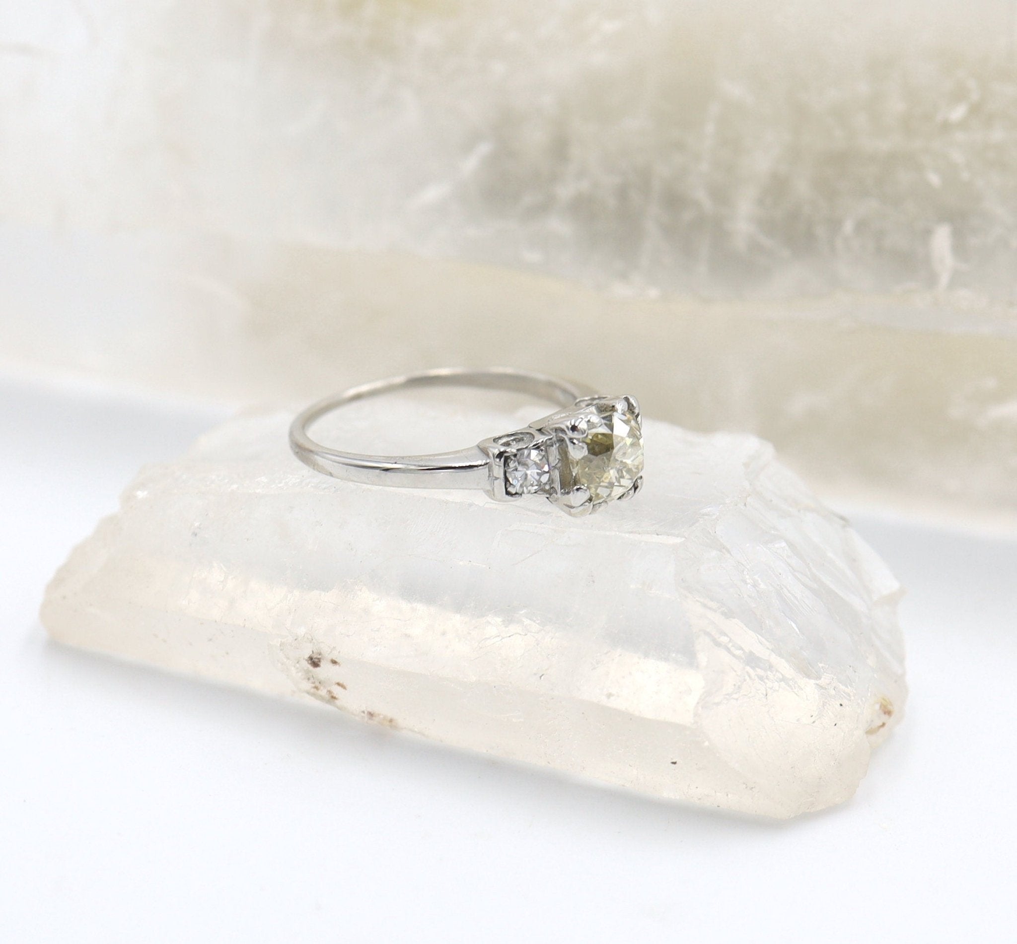 Art Deco Platinum Three Stone Diamond Ring – Old Mine Cut Center, Vintage Illusion Box Setting | Petra Star - Petra Star