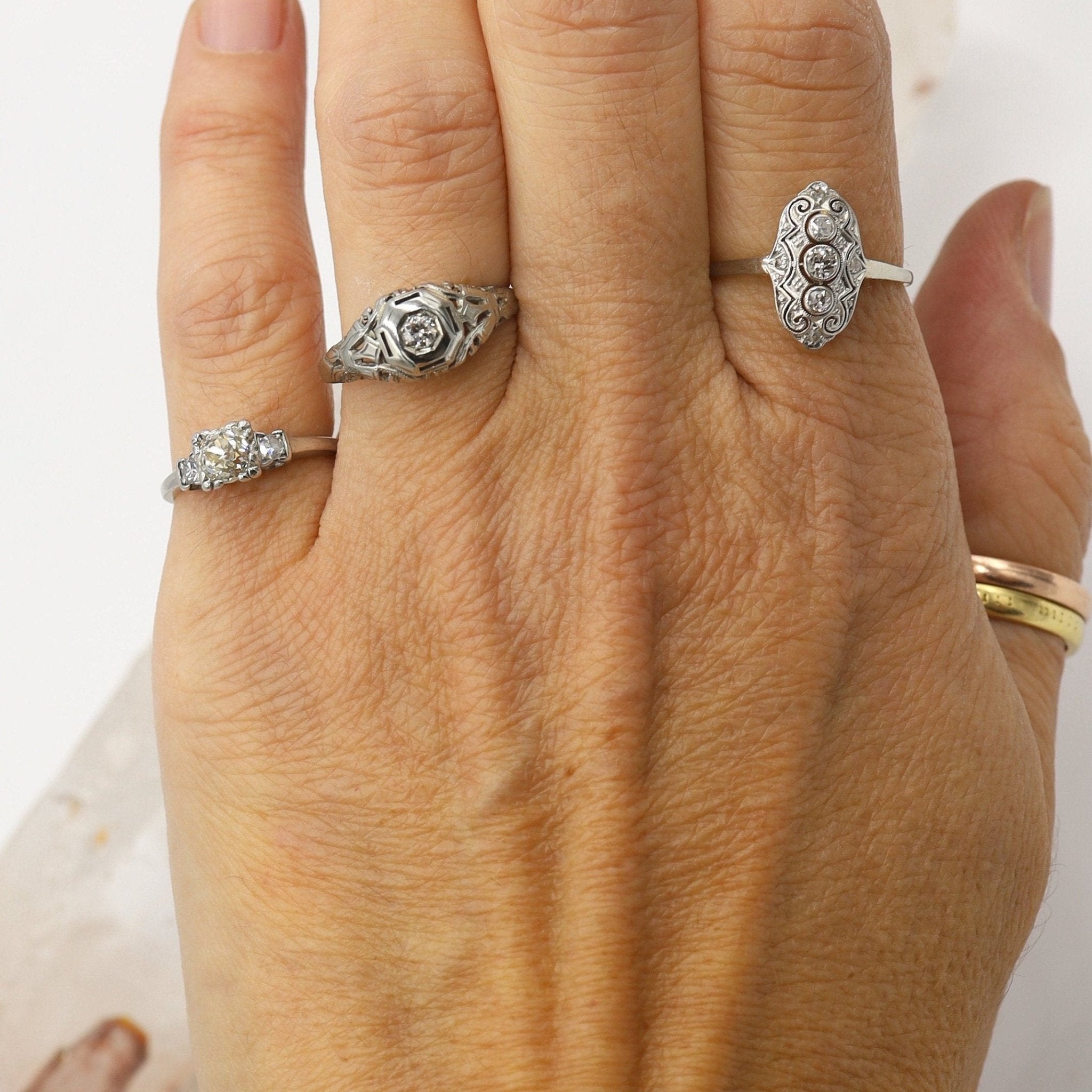 Art Deco Platinum Three Stone Diamond Ring – Old Mine Cut Center, Vintage Illusion Box Setting | Petra Star - Petra Star