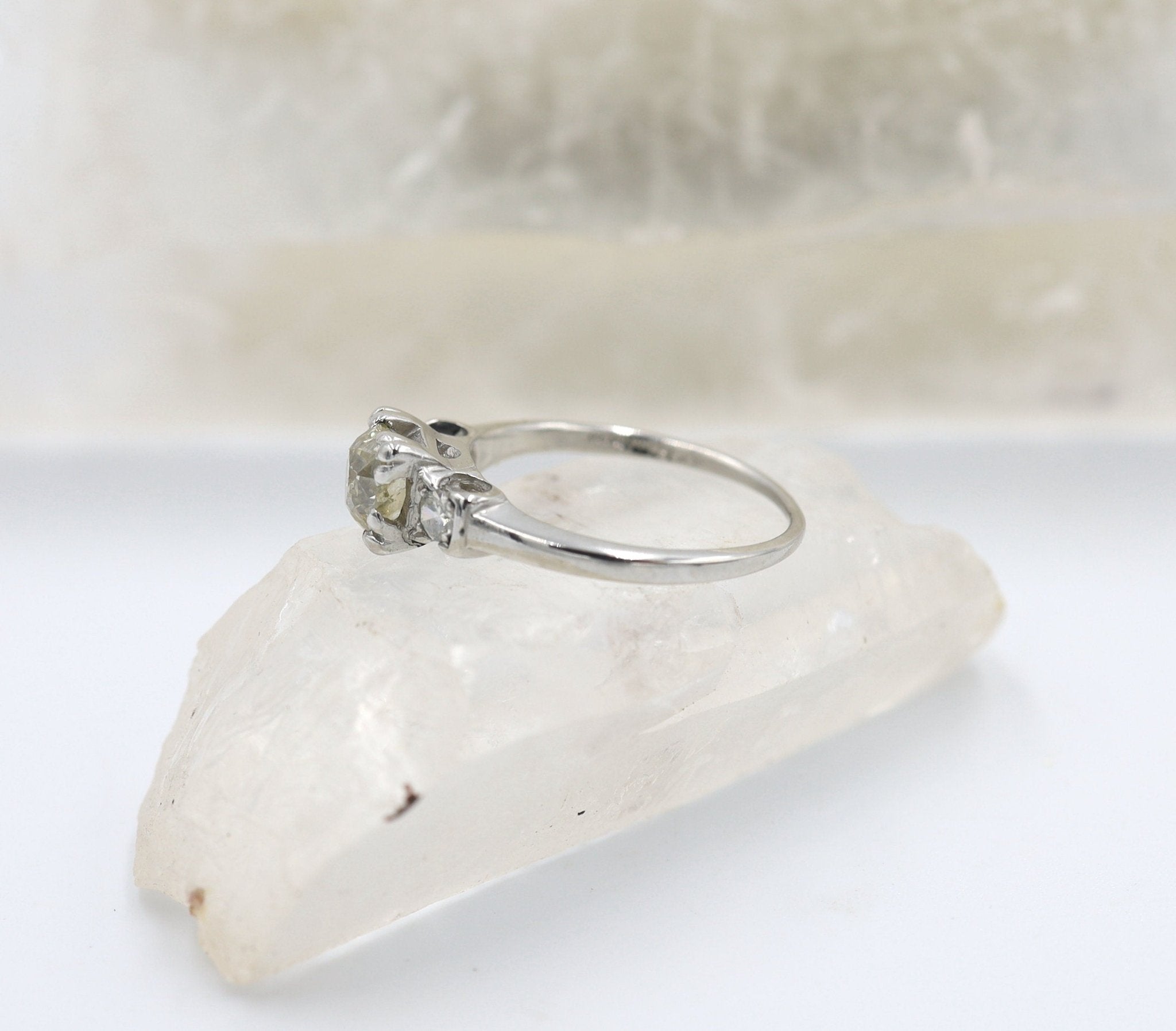 Art Deco Platinum Three Stone Diamond Ring – Old Mine Cut Center, Vintage Illusion Box Setting | Petra Star - Petra Star