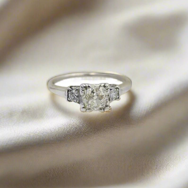 Art Deco Platinum Three Stone Diamond Ring – Old Mine Cut Center, Vintage Illusion Box Setting | Petra Star - Petra Star