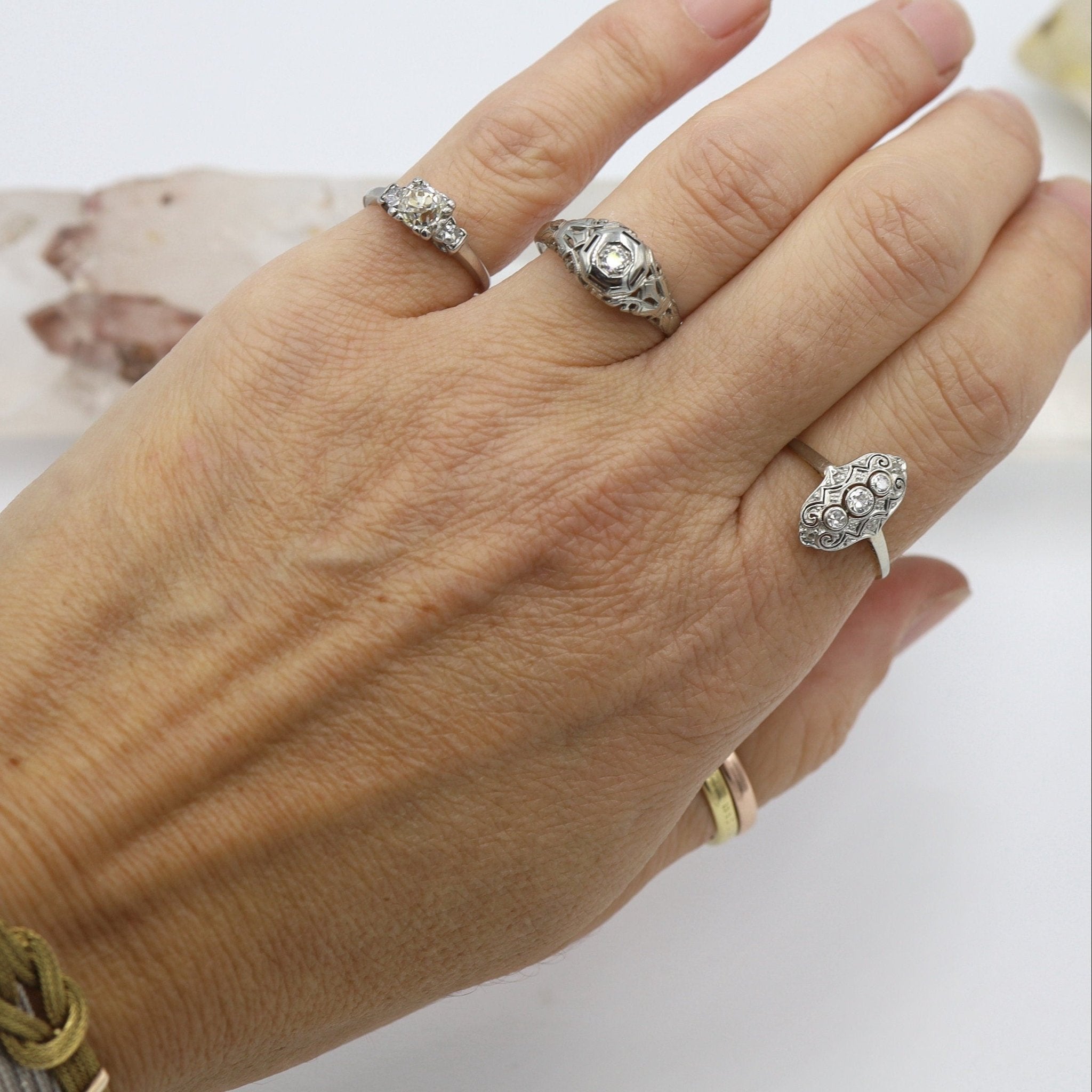 Art Deco Platinum Three Stone Diamond Ring – Old Mine Cut Center, Vintage Illusion Box Setting | Petra Star - Petra Star