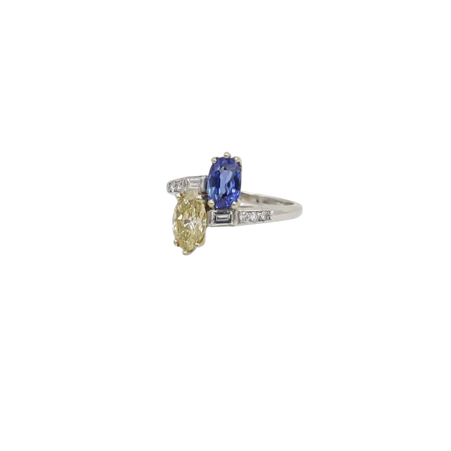 Art Deco Platinum Toi et Moi Ring – Marquise Fancy Yellow Diamond & Blue Sapphire | Petra Star - Petra Star