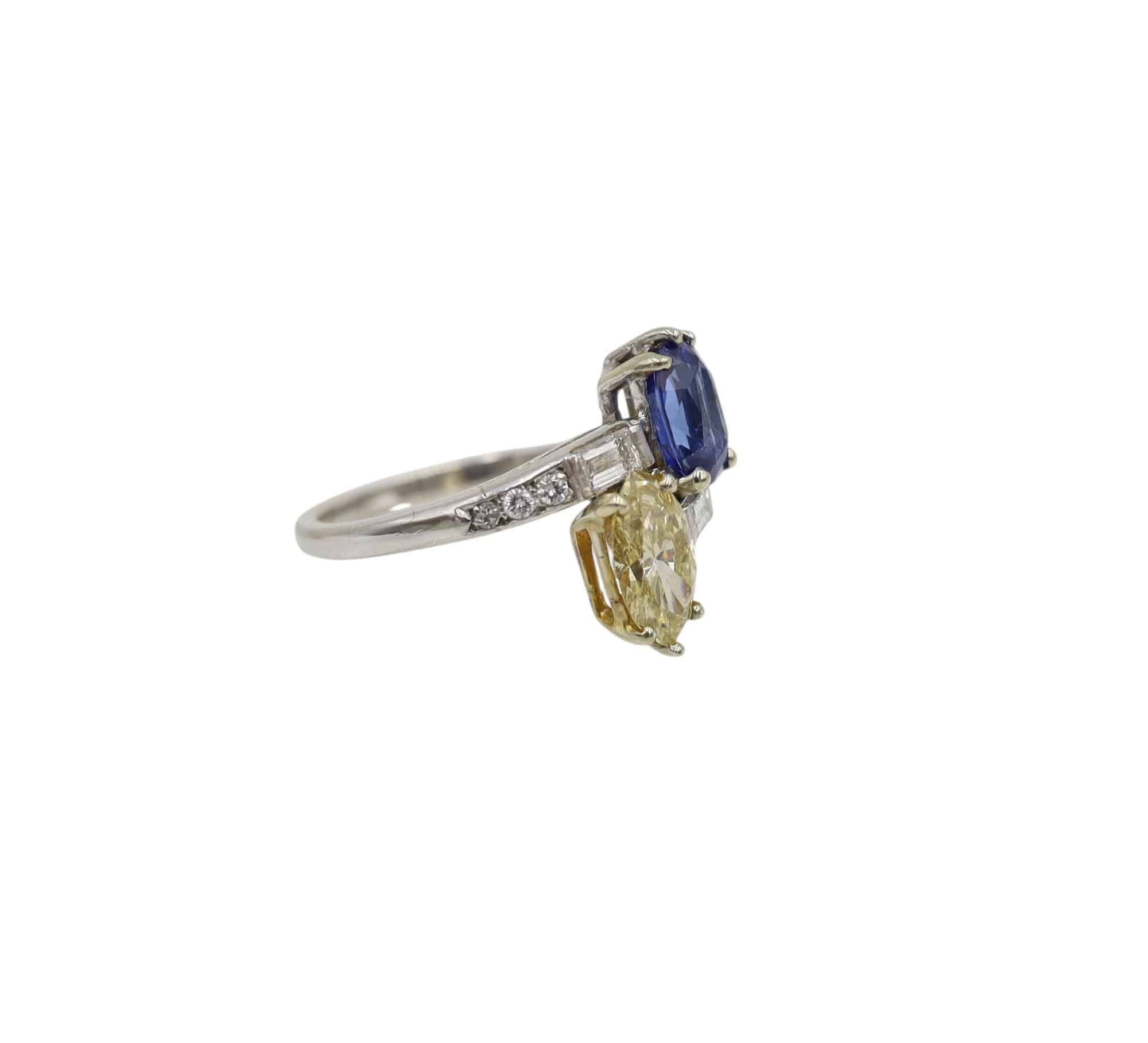 Art Deco Platinum Toi et Moi Ring – Marquise Fancy Yellow Diamond & Blue Sapphire | Petra Star - Petra Star