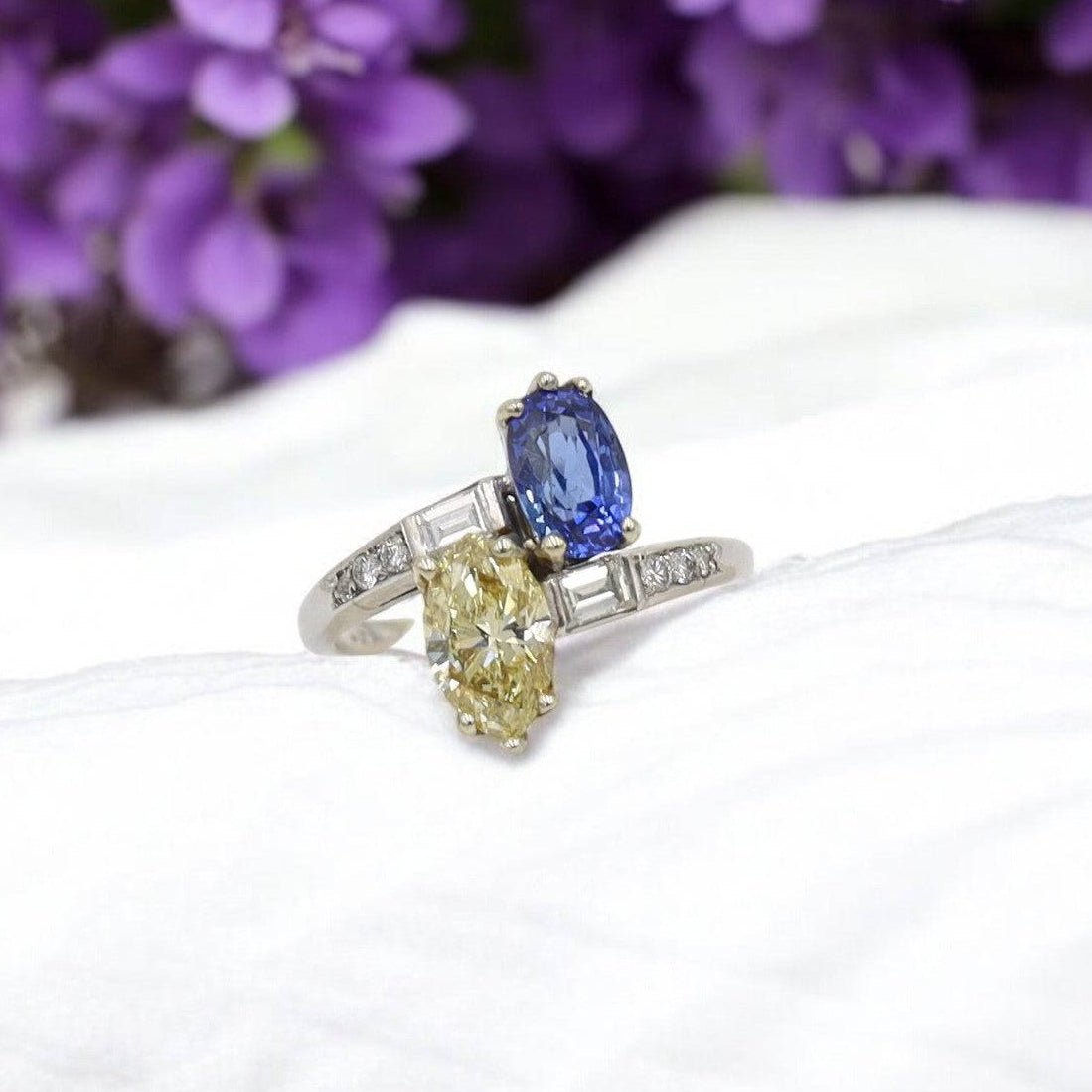 Art Deco Platinum Toi et Moi Ring – Marquise Fancy Yellow Diamond & Blue Sapphire | Petra Star - Petra Star