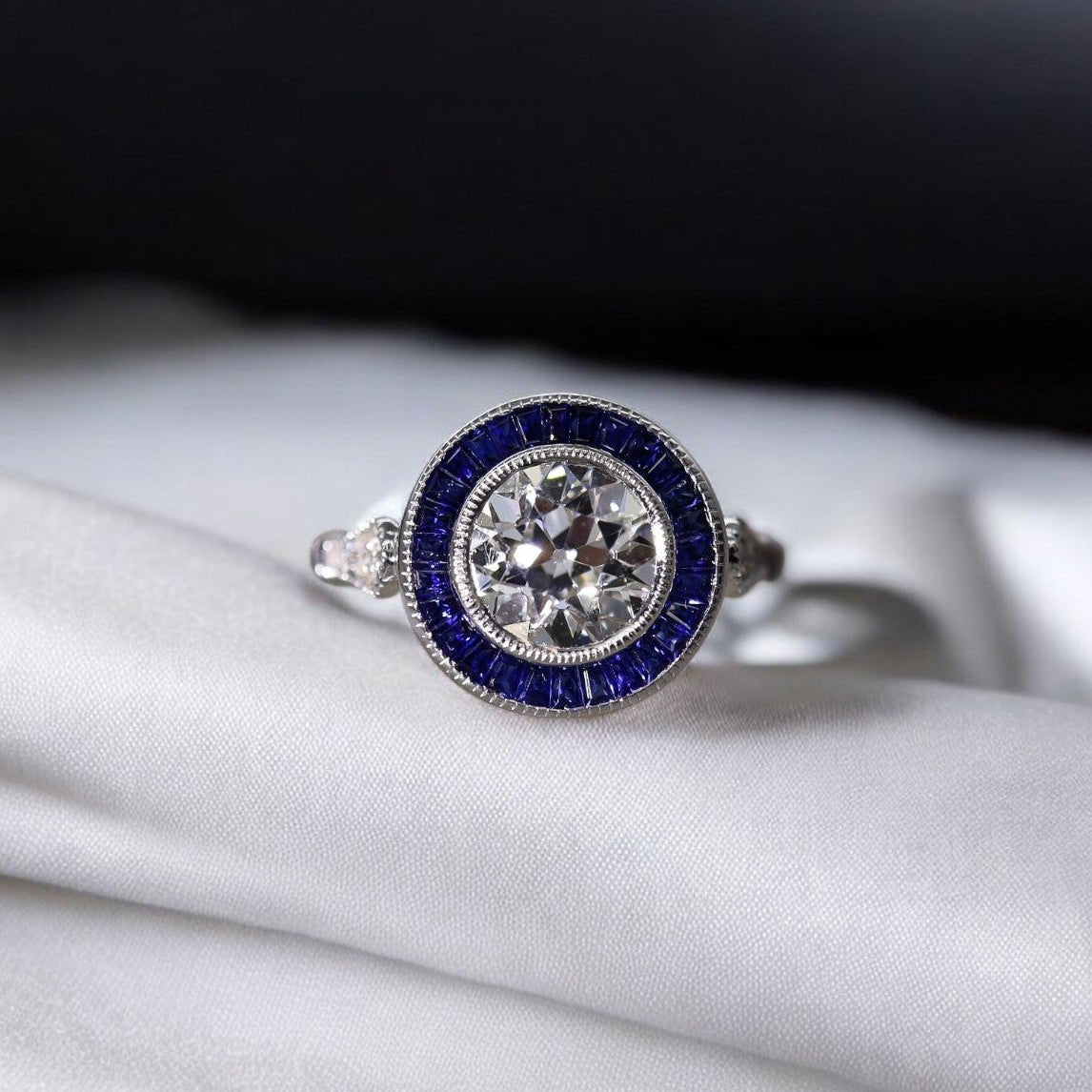 Art Deco-Style Sapphire Halo Engagement Ring - Petra Star