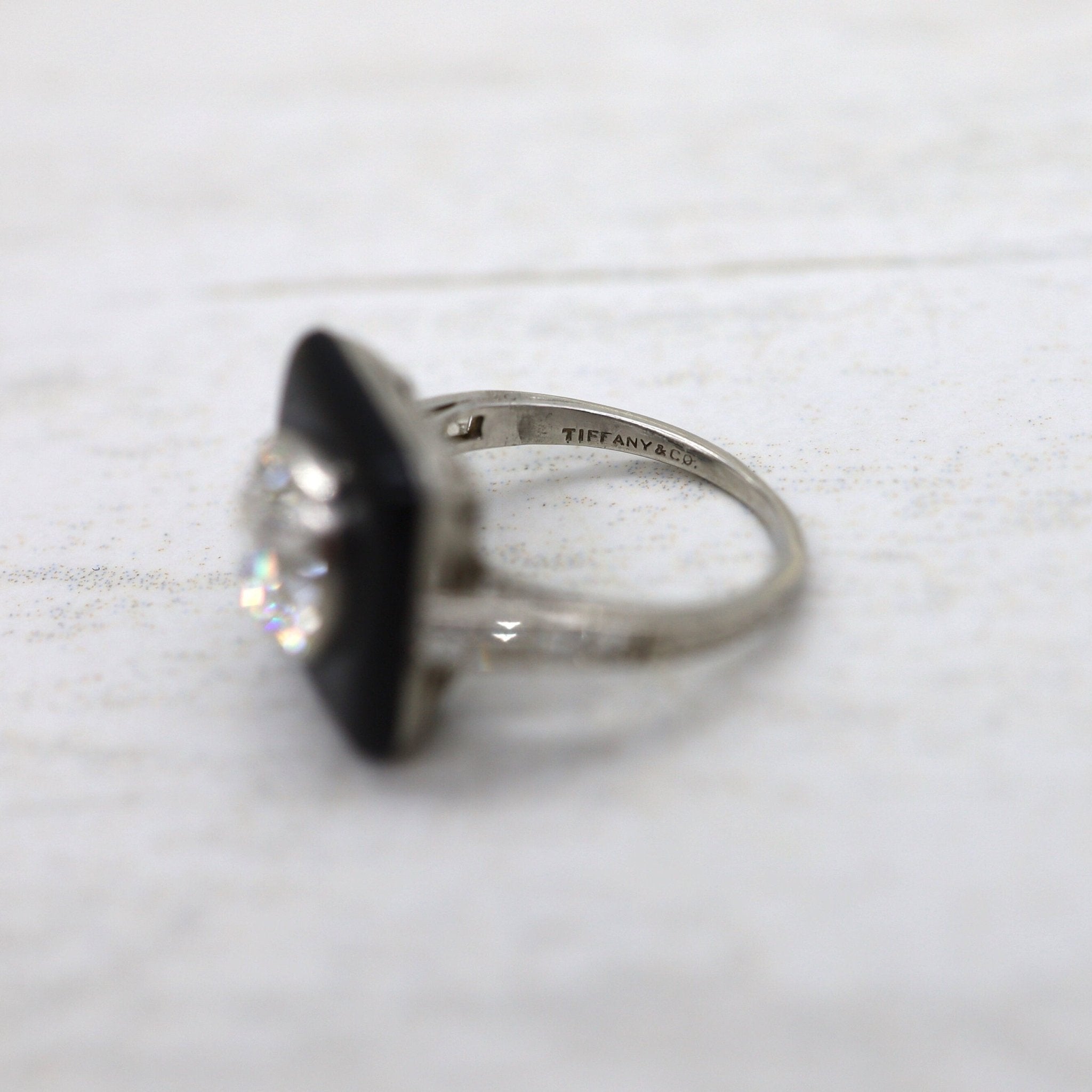 Art Deco Tiffany & Co. Onyx and Diamond Ring in Platinum - Petra Star