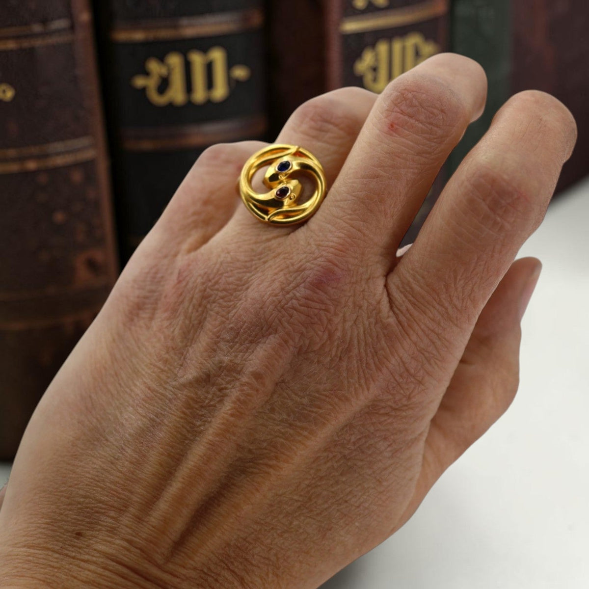 Art Nouveau 18K Gold Twin Serpent Ring — Sapphire & Ruby, Converted Scarf Pin, Circa 1910, Size 6 - Petra StarRing