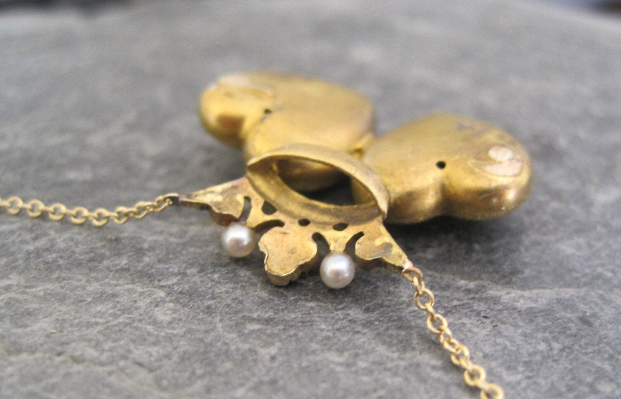 Art Nouveau Antique Repoussé Double Heart and Crown Necklace - Petra Star