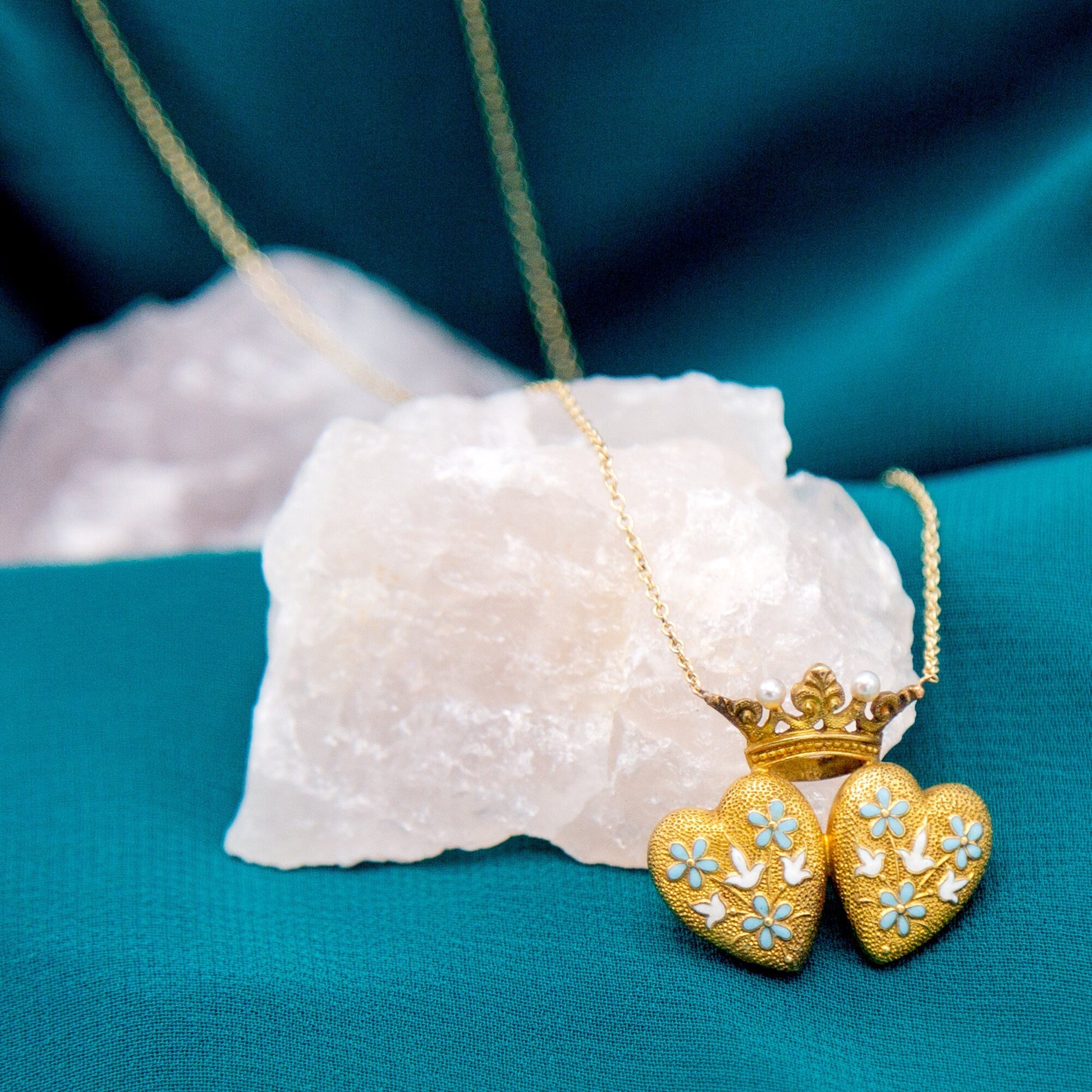 Art Nouveau Antique Repoussé Double Heart and Crown Necklace - Petra Star