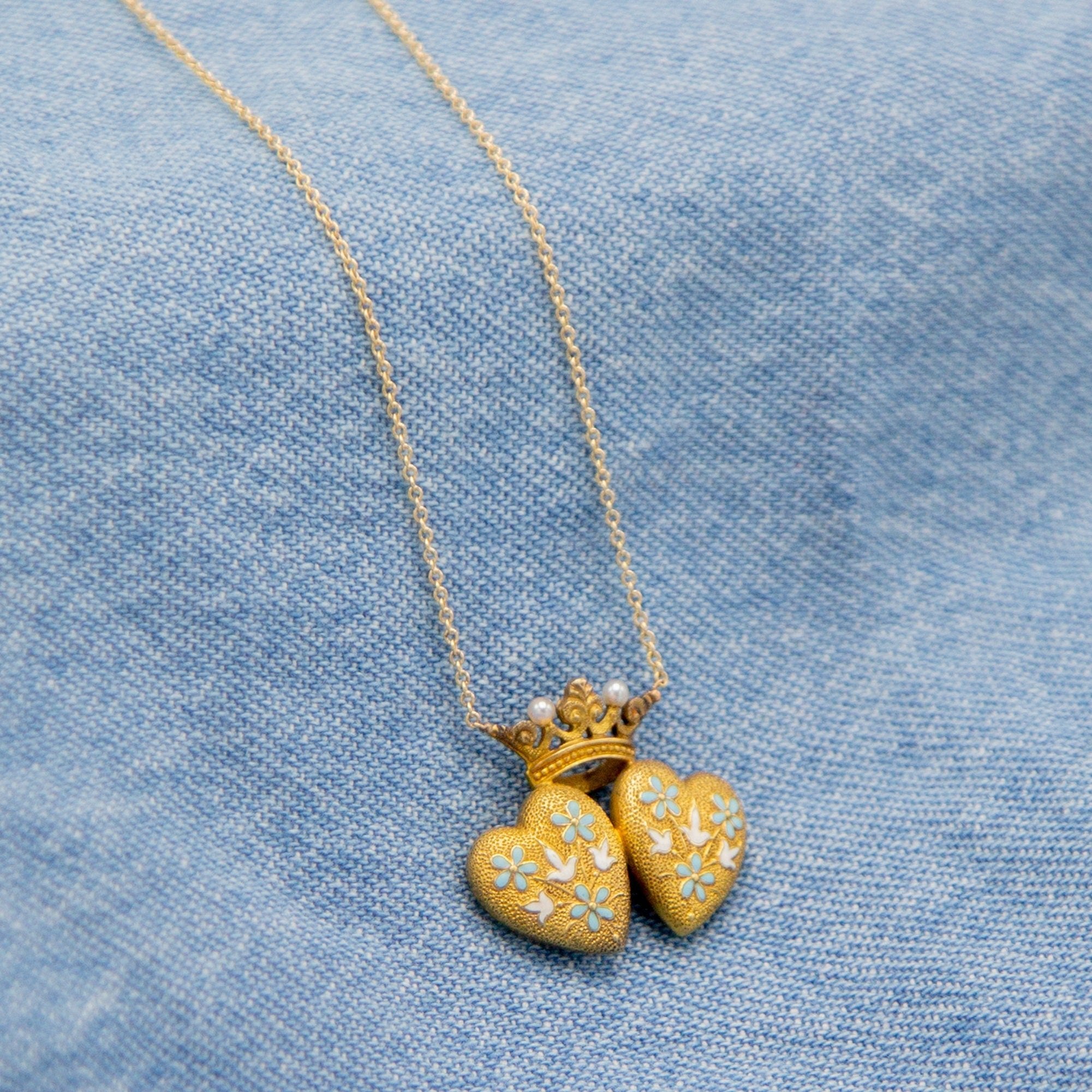 Art Nouveau Antique Repoussé Double Heart and Crown Necklace - Petra Star