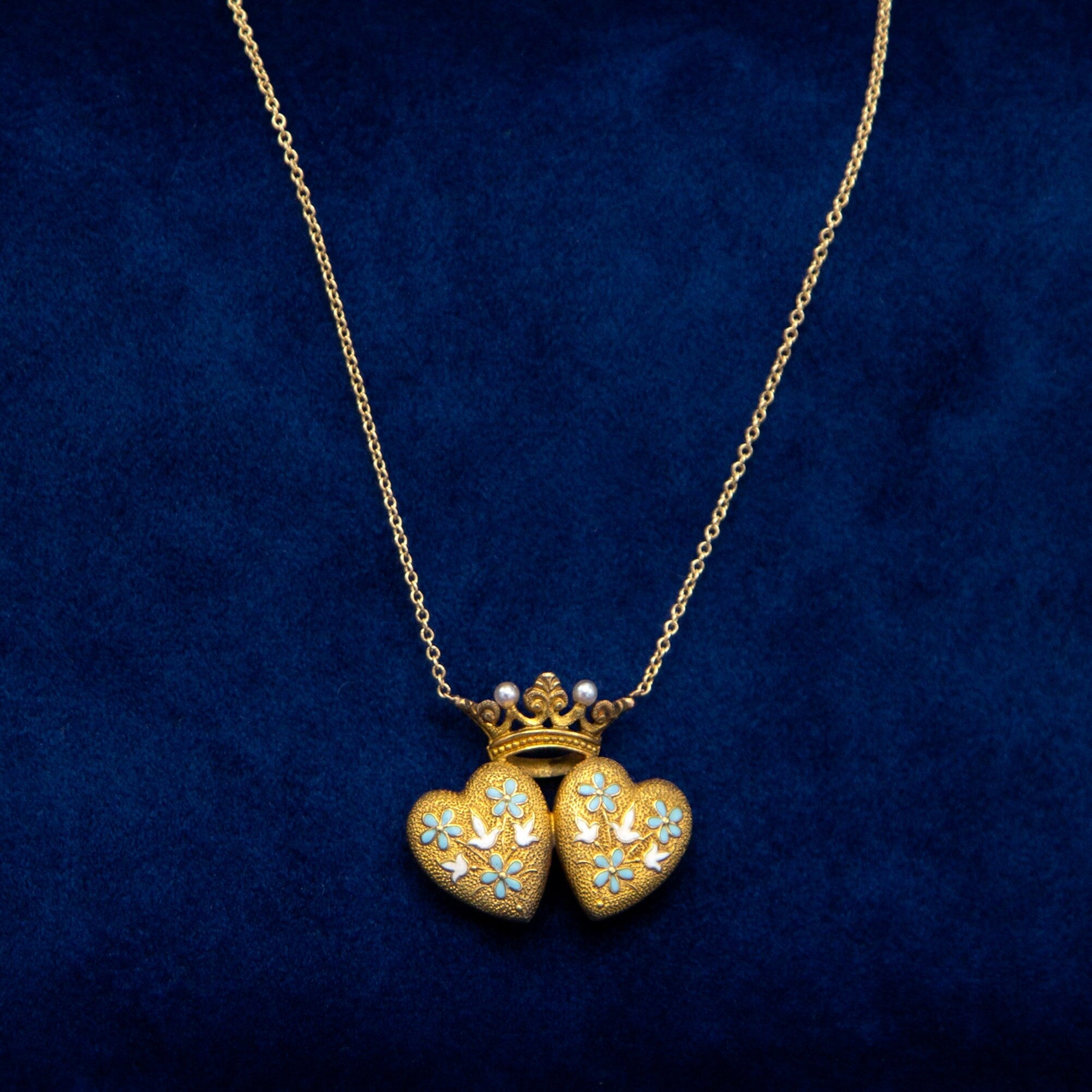 Art Nouveau Antique Repoussé Double Heart and Crown Necklace - Petra Star