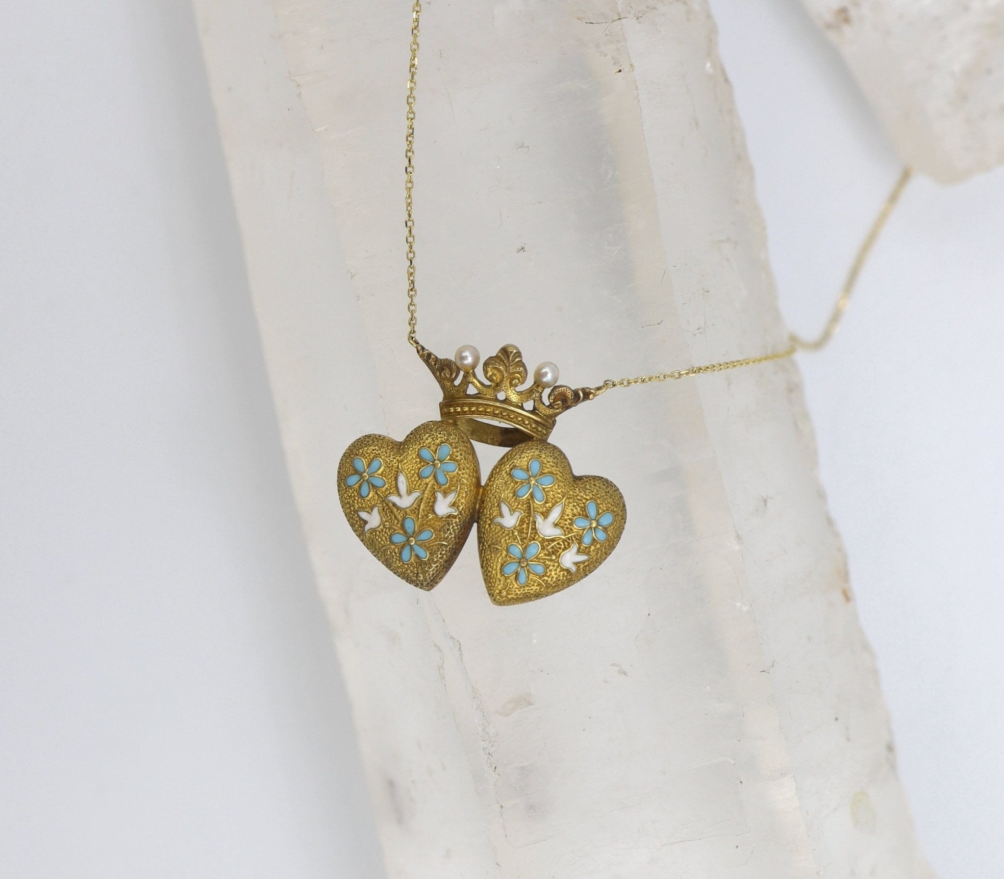 Art Nouveau Antique Repoussé Double Heart and Crown Necklace - Petra Star