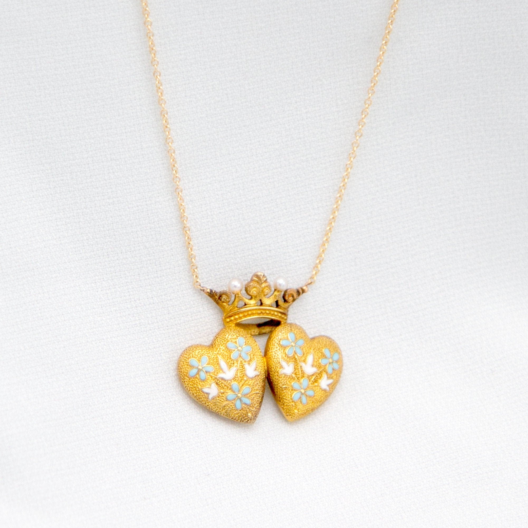 Art Nouveau Antique Repoussé Double Heart and Crown Necklace - Petra Star