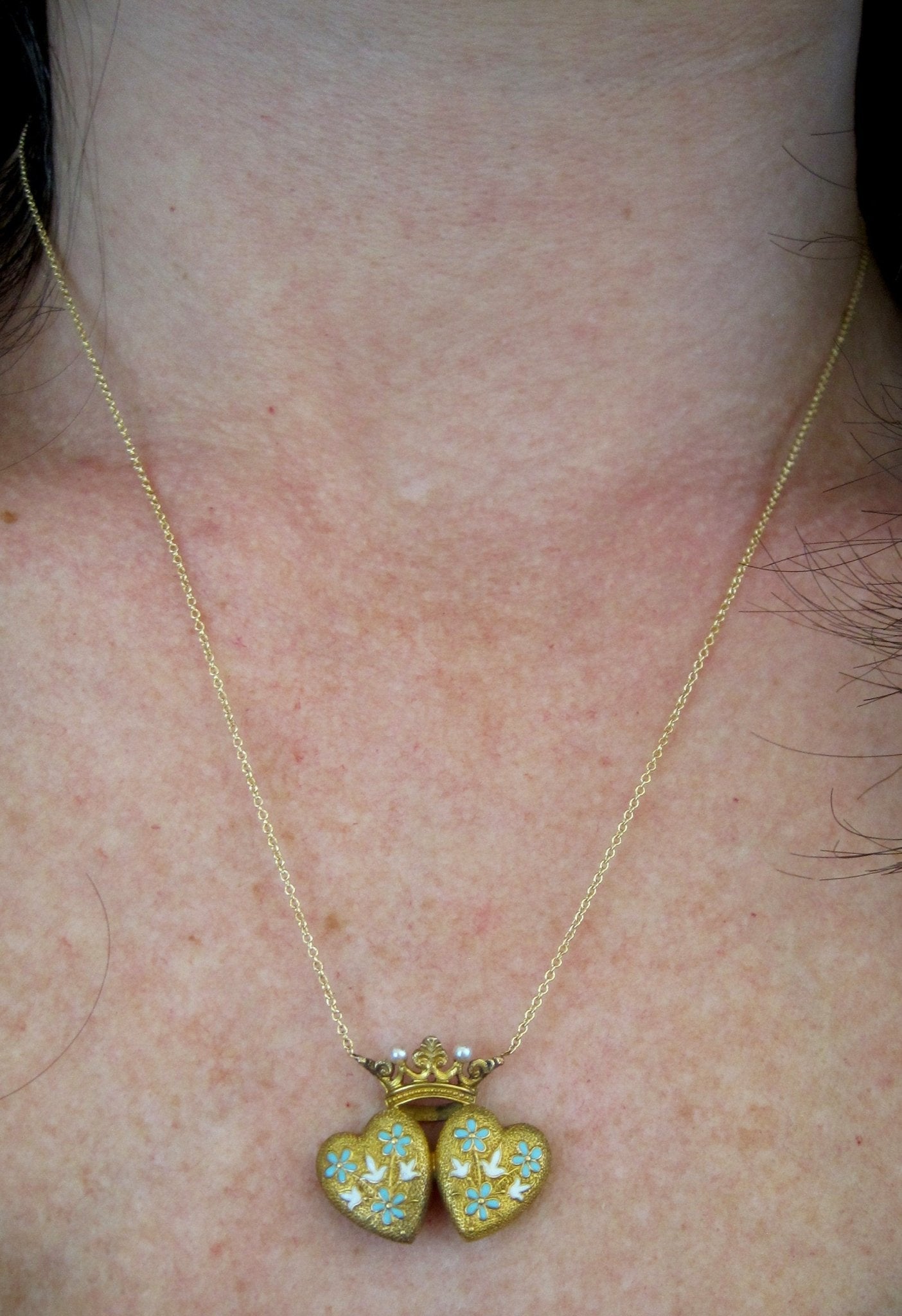 Art Nouveau Antique Repoussé Double Heart and Crown Necklace - Petra Star