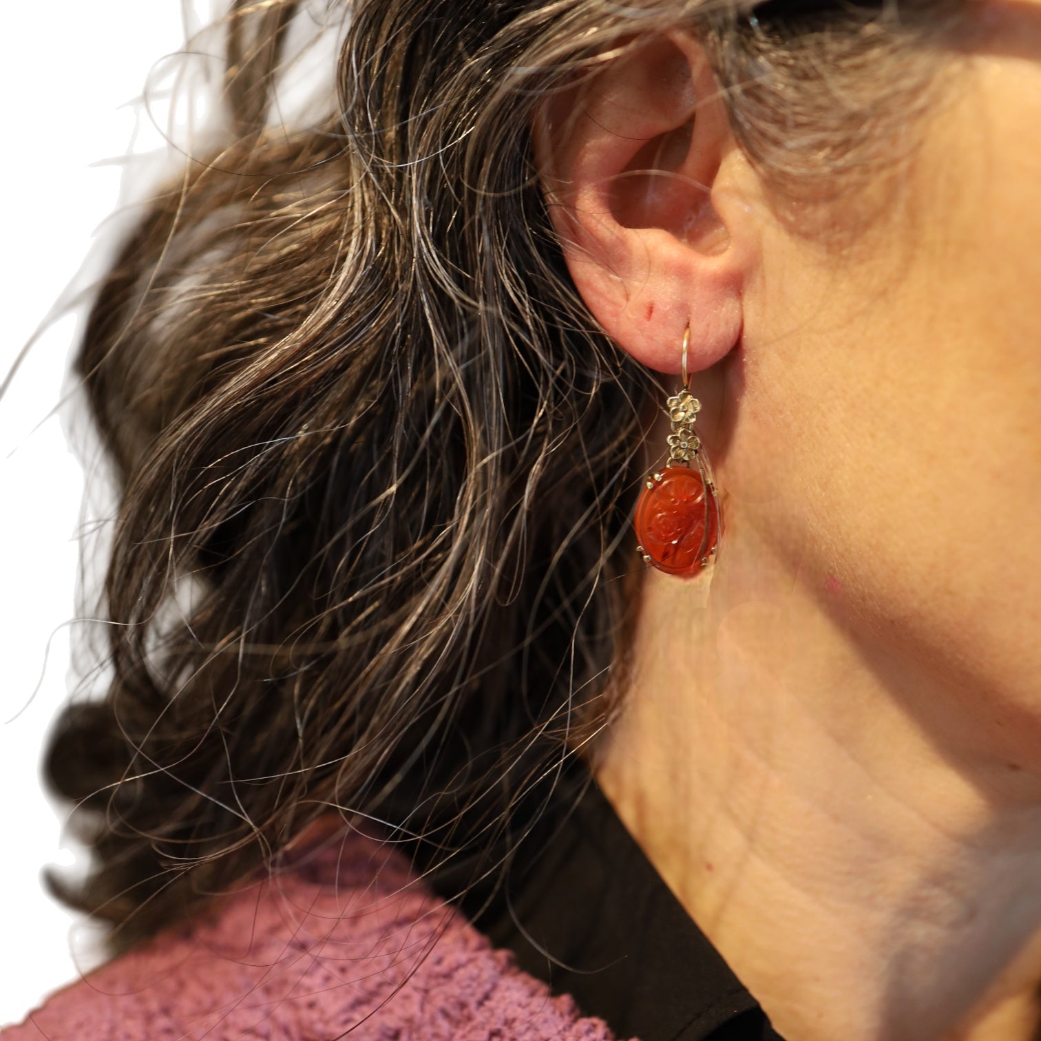 Art Nouveau Carved Carnelian Earrings 14k Yellow Gold - Petra Star