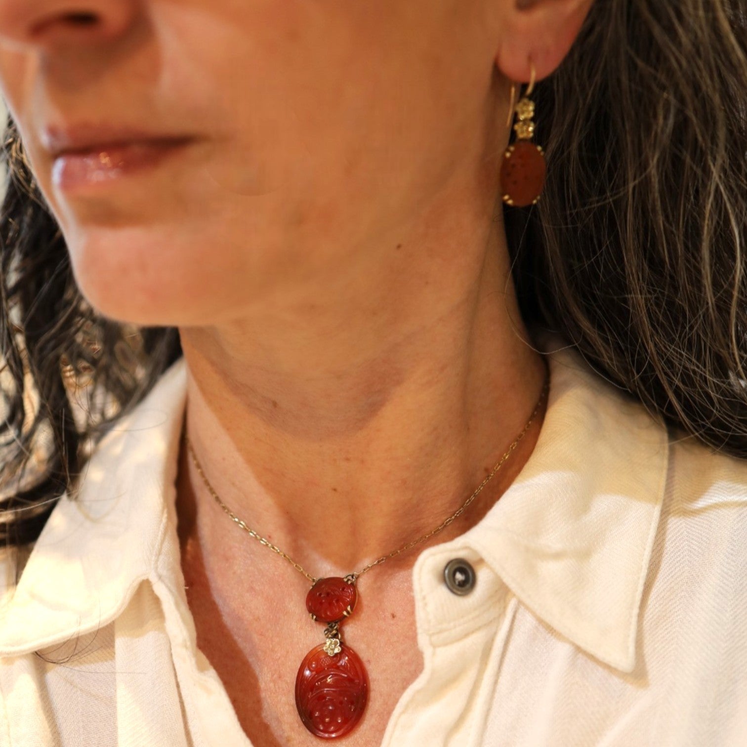 Art Nouveau Carved Carnelian Lavalier Necklace - Petra Star