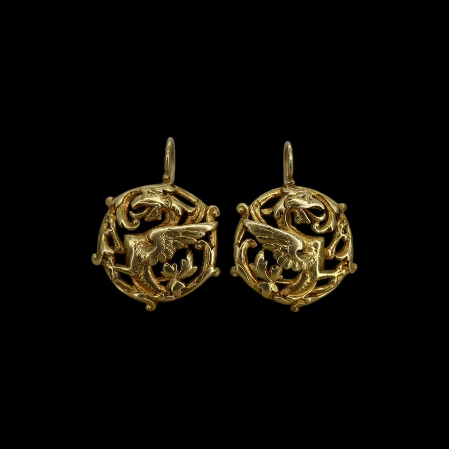 Art Nouveau Griffin Drop Earrings – Antique 14k Gold Cufflink Conversion - Petra Star