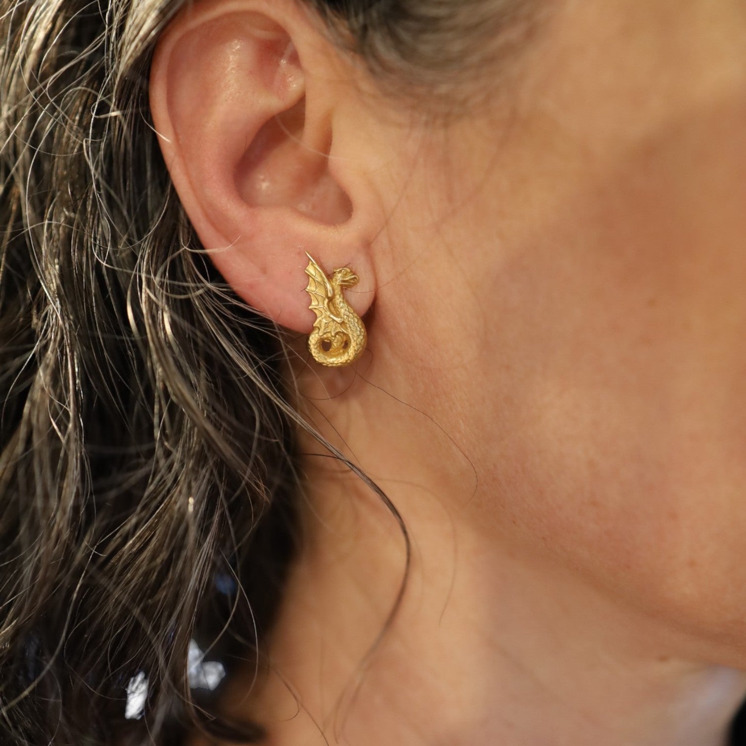 Art Nouveau Griffin Stud Earrings in 14k Yellow Gold - Petra Star