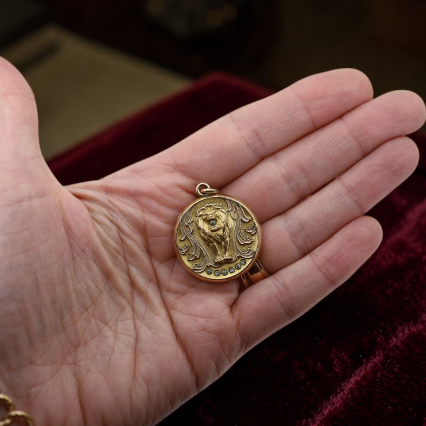 Art Nouveau Gold Filled Lion Locket With Paste Circa 1905 Monogrammed NES - Petra Star