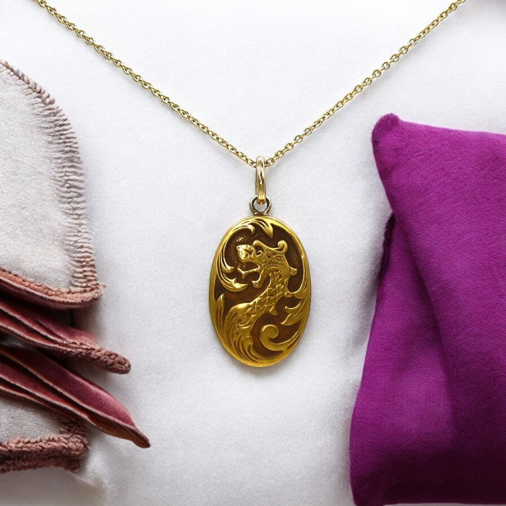Art Nouveau Pendant Griffin Charm Dragon Pendant 10k Gold - Petra Star