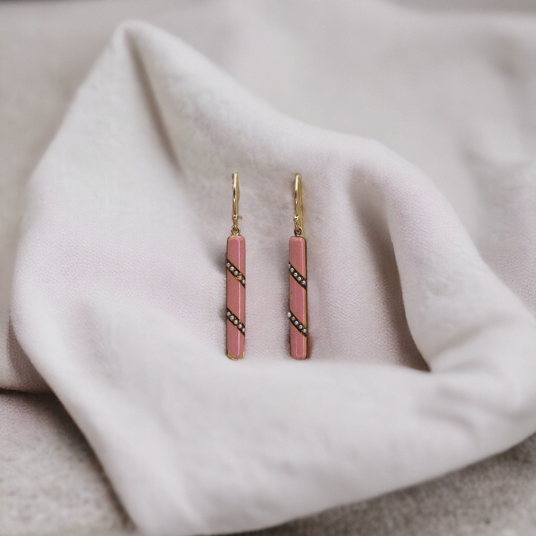 Art Nouveau Pink Enamel & Pearl Earrings in 14k Rose Gold - Petra Star