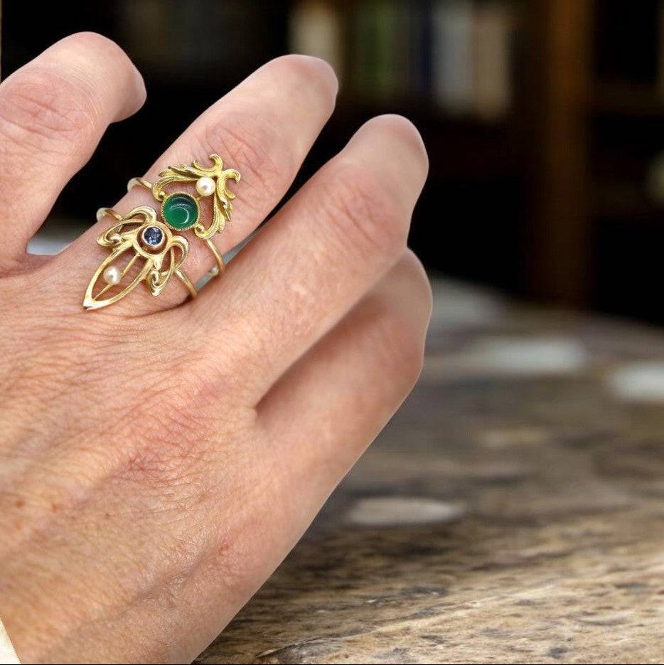 Art Nouveau Sapphire & Pearl Ring in 14k Yellow Gold - Petra Star