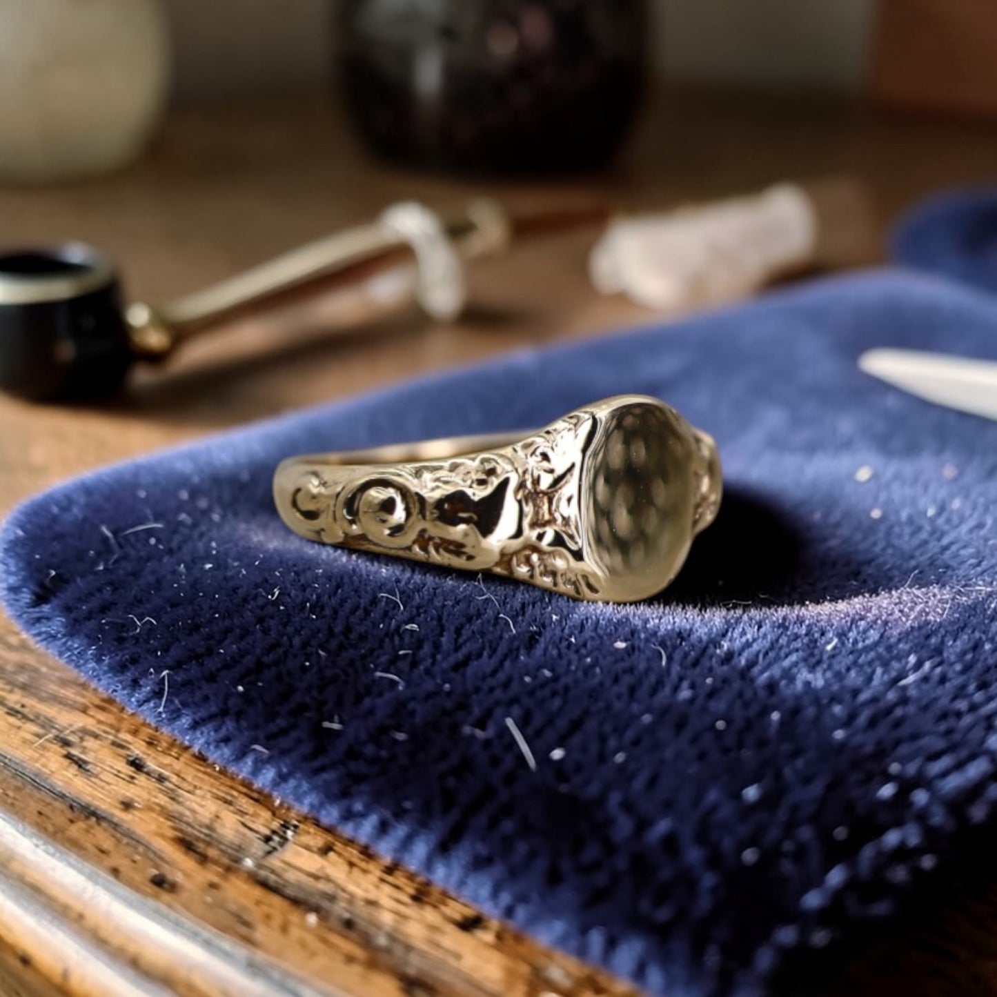 Art Nouveau Signet Ring – Customizable 10k Yellow Gold with Scrollwork Shoulders - Petra Star