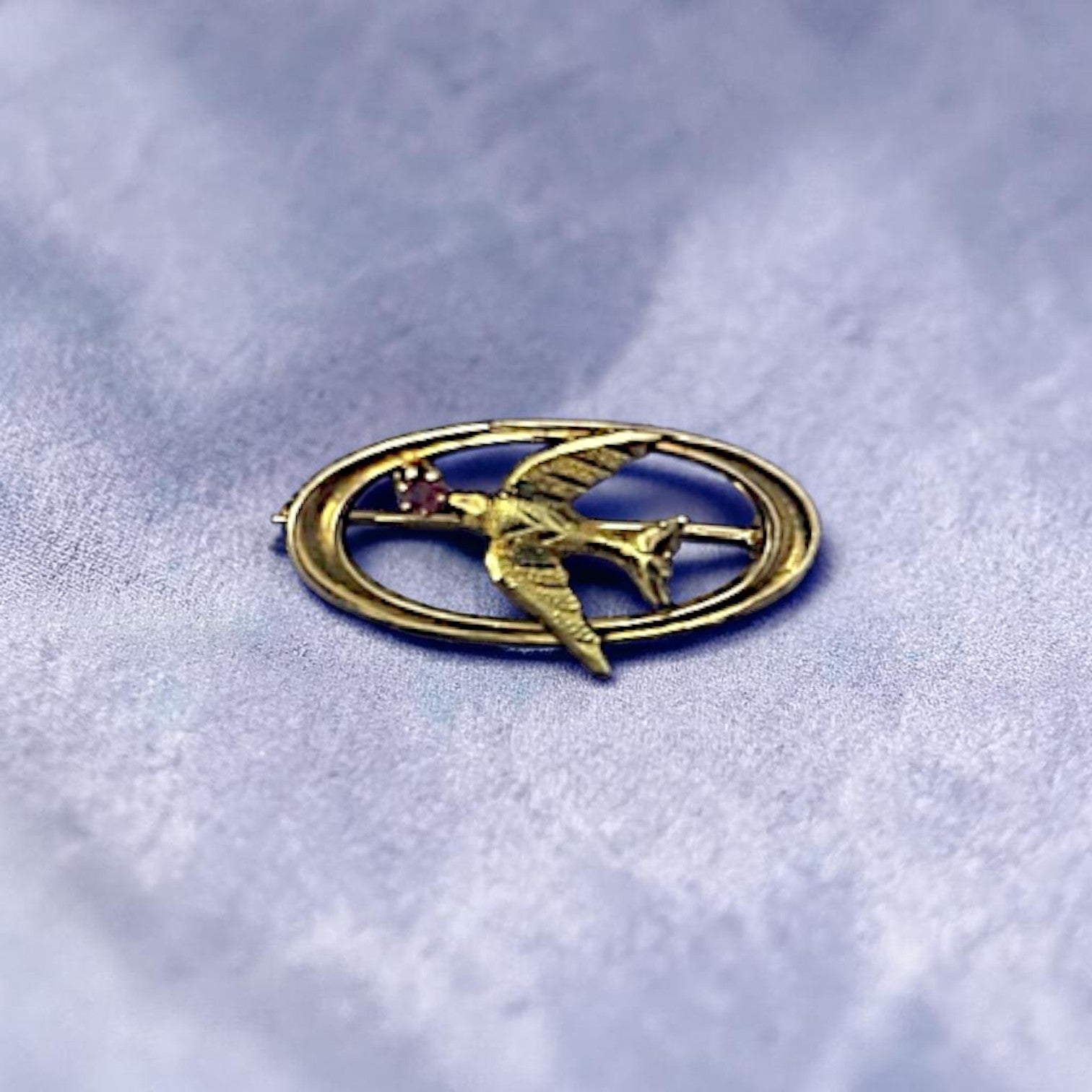 Art Nouveau Swallow Necklace in 10K Gold with Ruby | Converted Brooch Pendant | - Petra Star