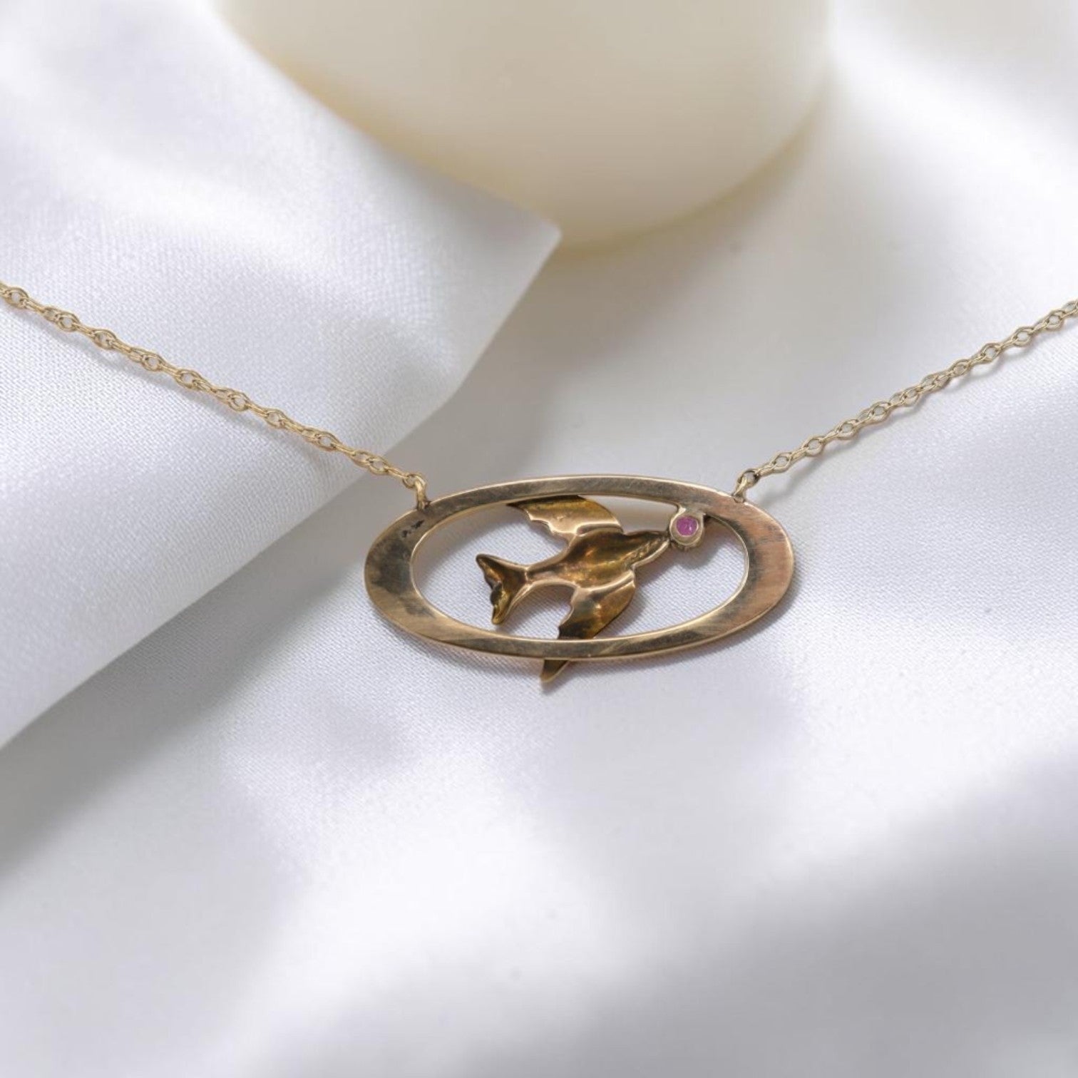 Art Nouveau Swallow Necklace in 10K Gold with Ruby | Converted Brooch Pendant | - Petra Star