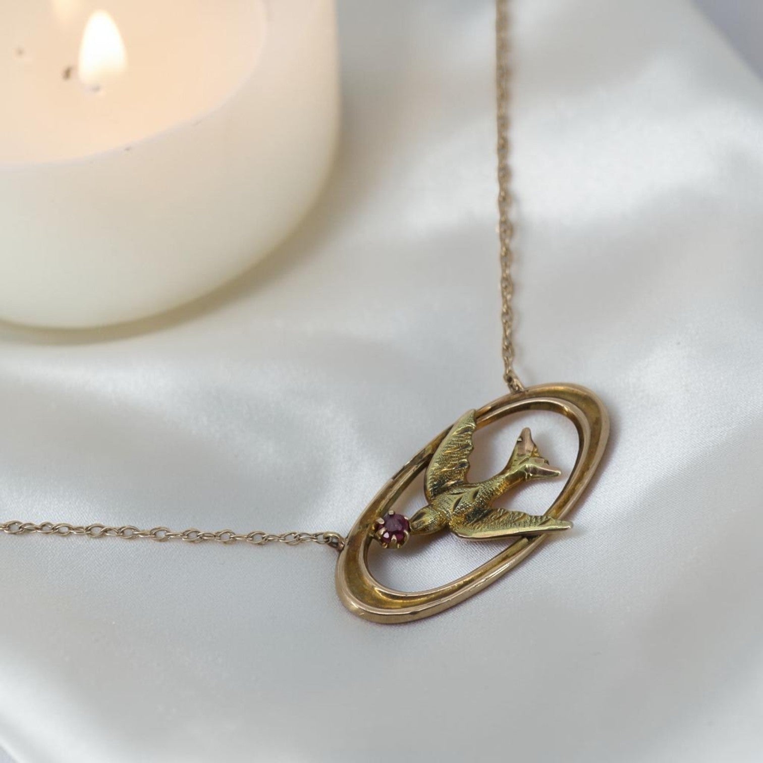 Art Nouveau Swallow Necklace in 10K Gold with Ruby | Converted Brooch Pendant | - Petra Star