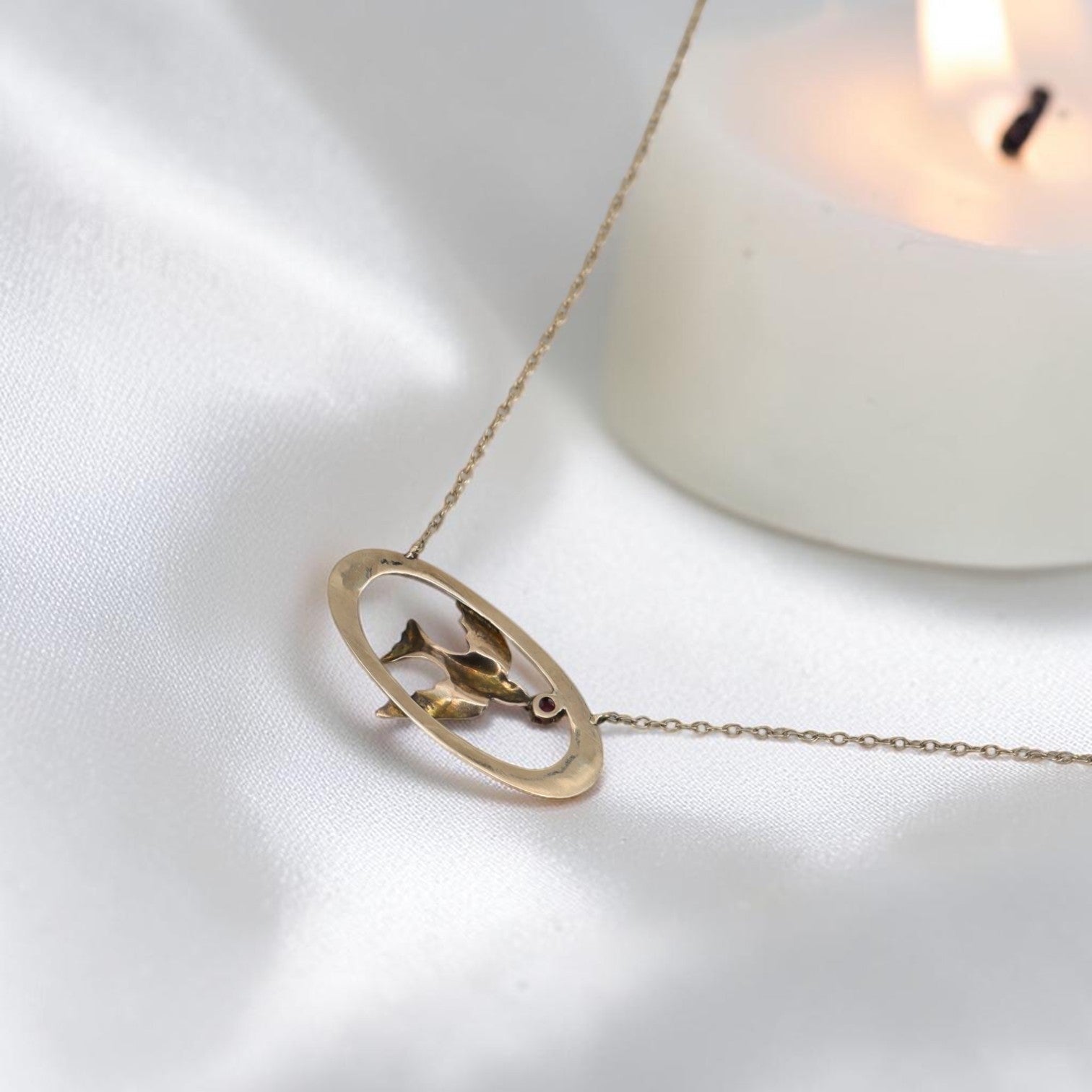 Art Nouveau Swallow Necklace in 10K Gold with Ruby | Converted Brooch Pendant | - Petra Star