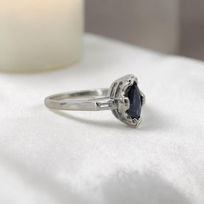 Marquise Teal Sapphire Ring with Channel-Set Baguette Diamonds in 14k White Gold - Petra Star