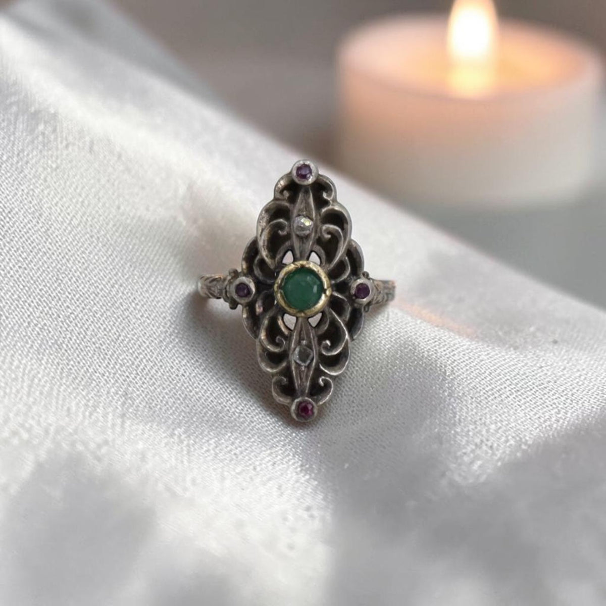 Austro-Hungarian Silver & 14K Gold Ring — Emerald, Rubies & Rose-Cut Diamonds, Early-Mid 19th Century