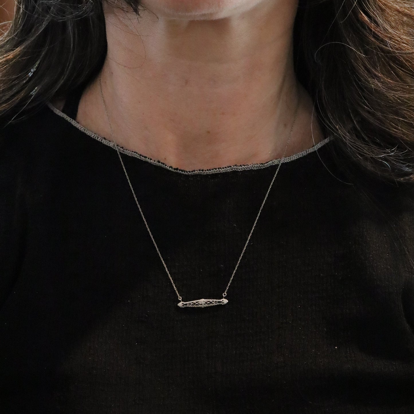 Art Deco Bar Necklace with Black Enamel in 14k White Gold