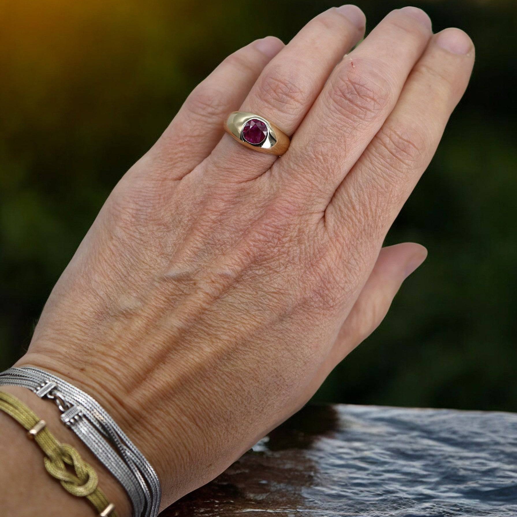 Bespoke 14k Yellow Gold Gypsy-Set Ruby Ring — Custom Commission - Petra Star