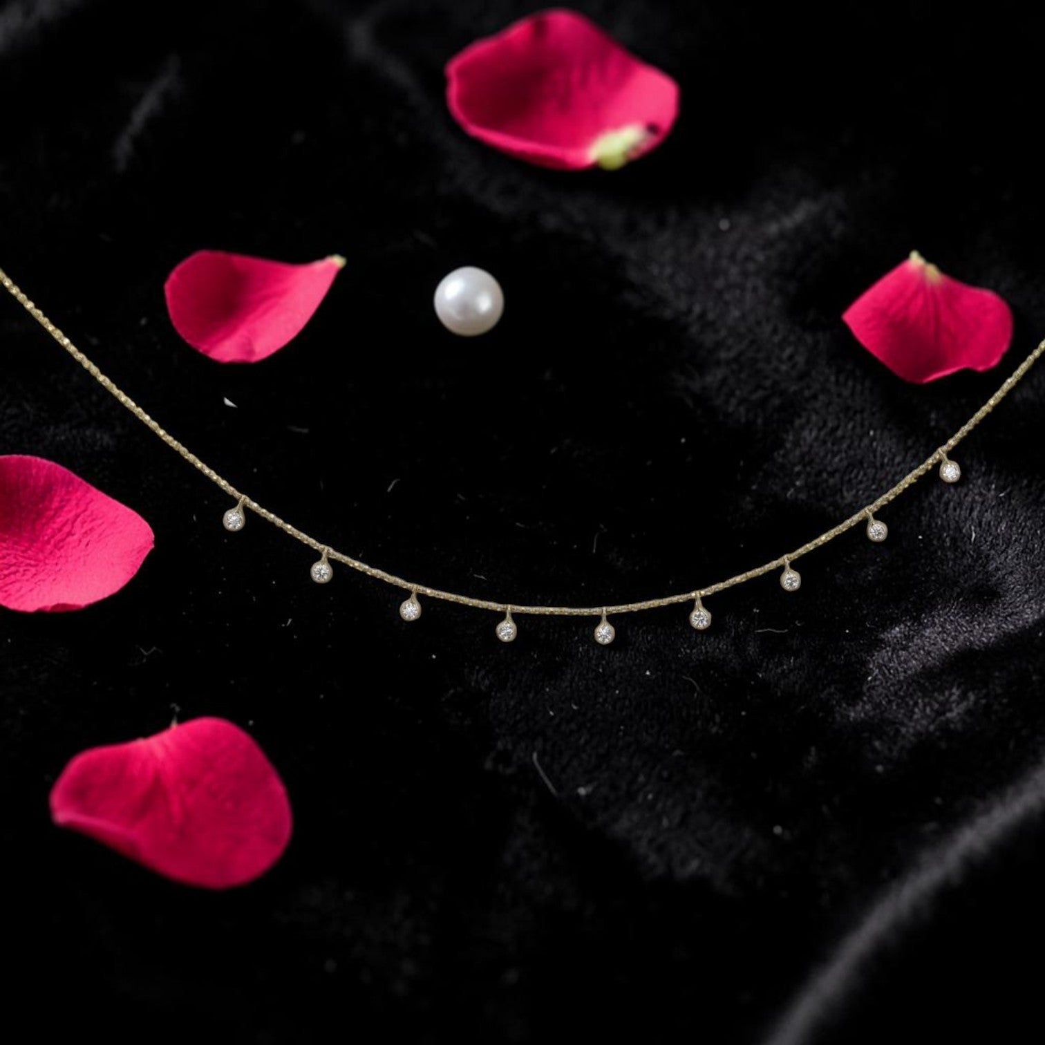 Bezel Set Diamond Drop Necklace | 14k Gold Diamond-Cut Bead Chain | 9 Diamond Station Necklace | Petra Star - Petra Star