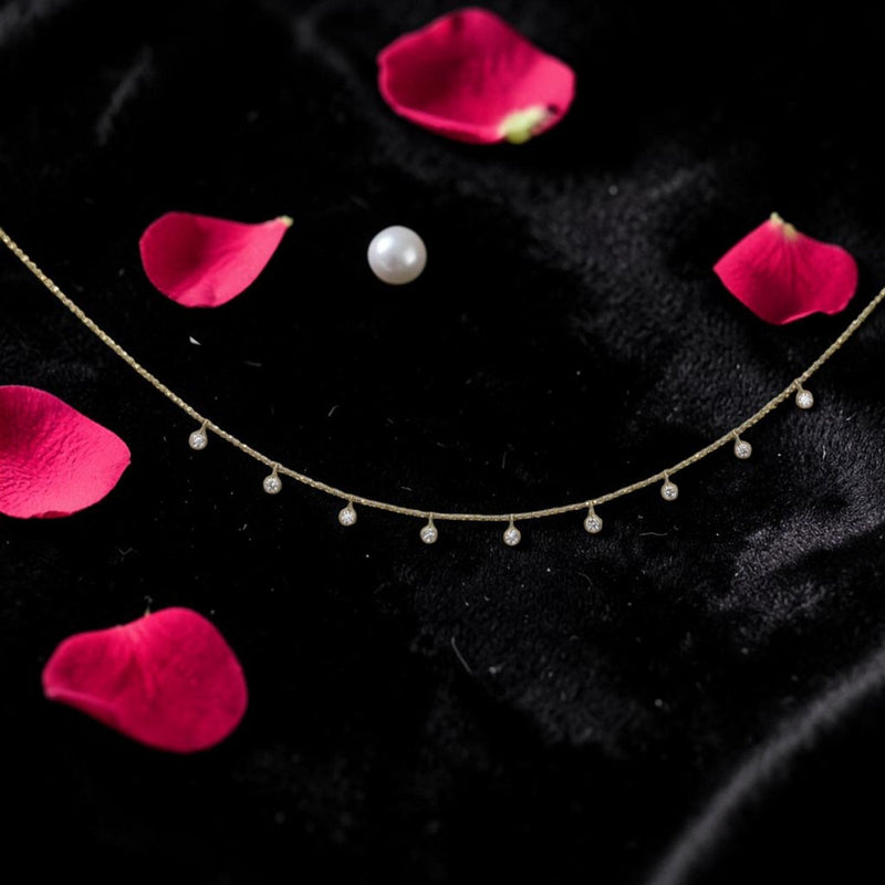 Bezel Set Diamond Drop Necklace | 14k Gold Diamond-Cut Bead Chain | 9 Diamond Station Necklace | Petra Star