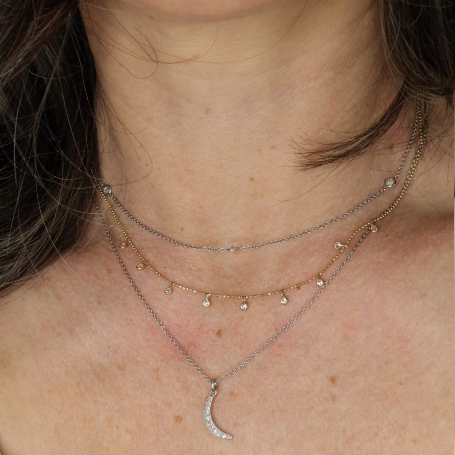Bezel Set Diamond Drop Necklace | 14k Gold Diamond-Cut Bead Chain | 9 Diamond Station Necklace | Petra Star - Petra Star