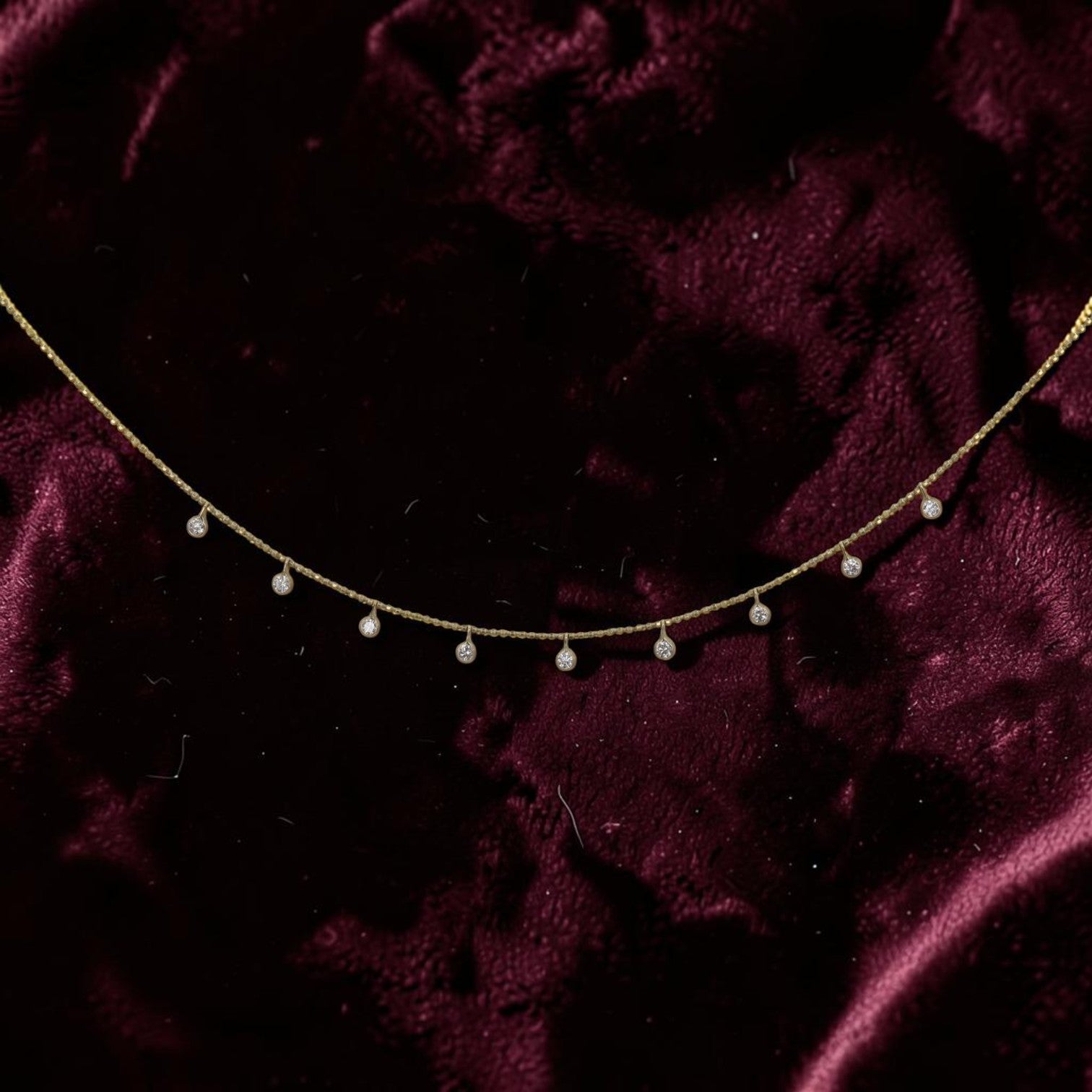 Bezel Set Diamond Drop Necklace | 14k Gold Diamond-Cut Bead Chain | 9 Diamond Station Necklace | Petra Star - Petra Star