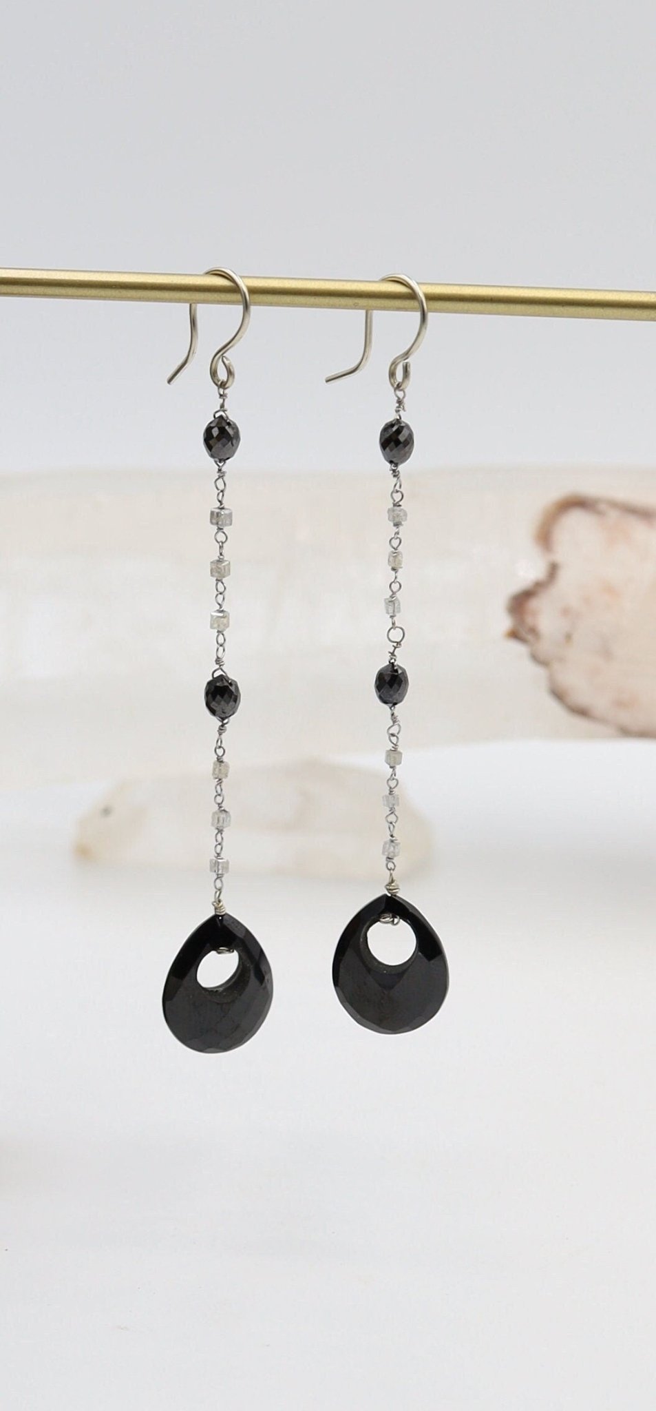 Black and White Diamond Earrings with Onyx in 14k White Gold Station Earrings - Petra Star