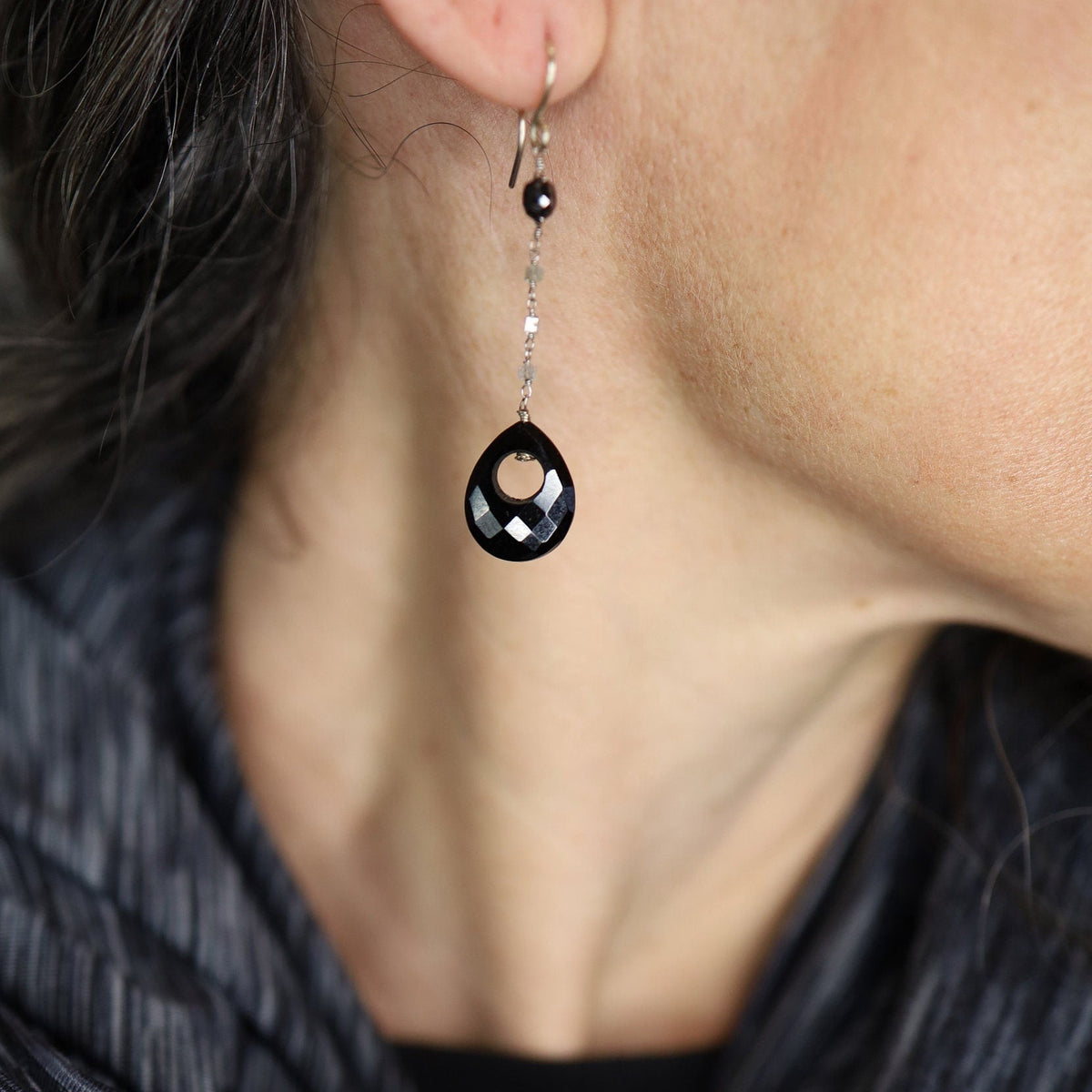 Black and White Diamond Earrings with Onyx in 14k White Gold Station Earrings - Petra Star