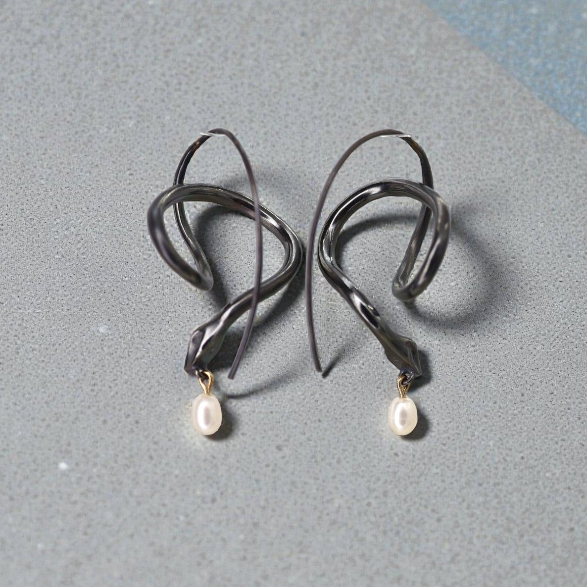 Blackened Silver Snake & Pearl Earrings - Petra Star