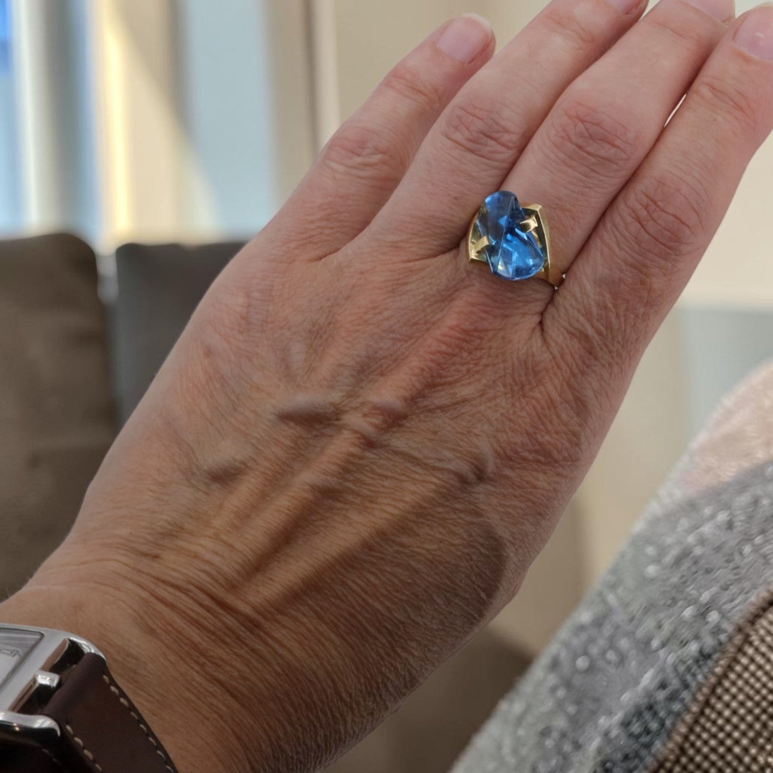 Vintage Strellman "Strell" 14K Gold Blue Topaz Ring — Signed Modernist Fantasy-Cut Designer Ring, Circa 2000s