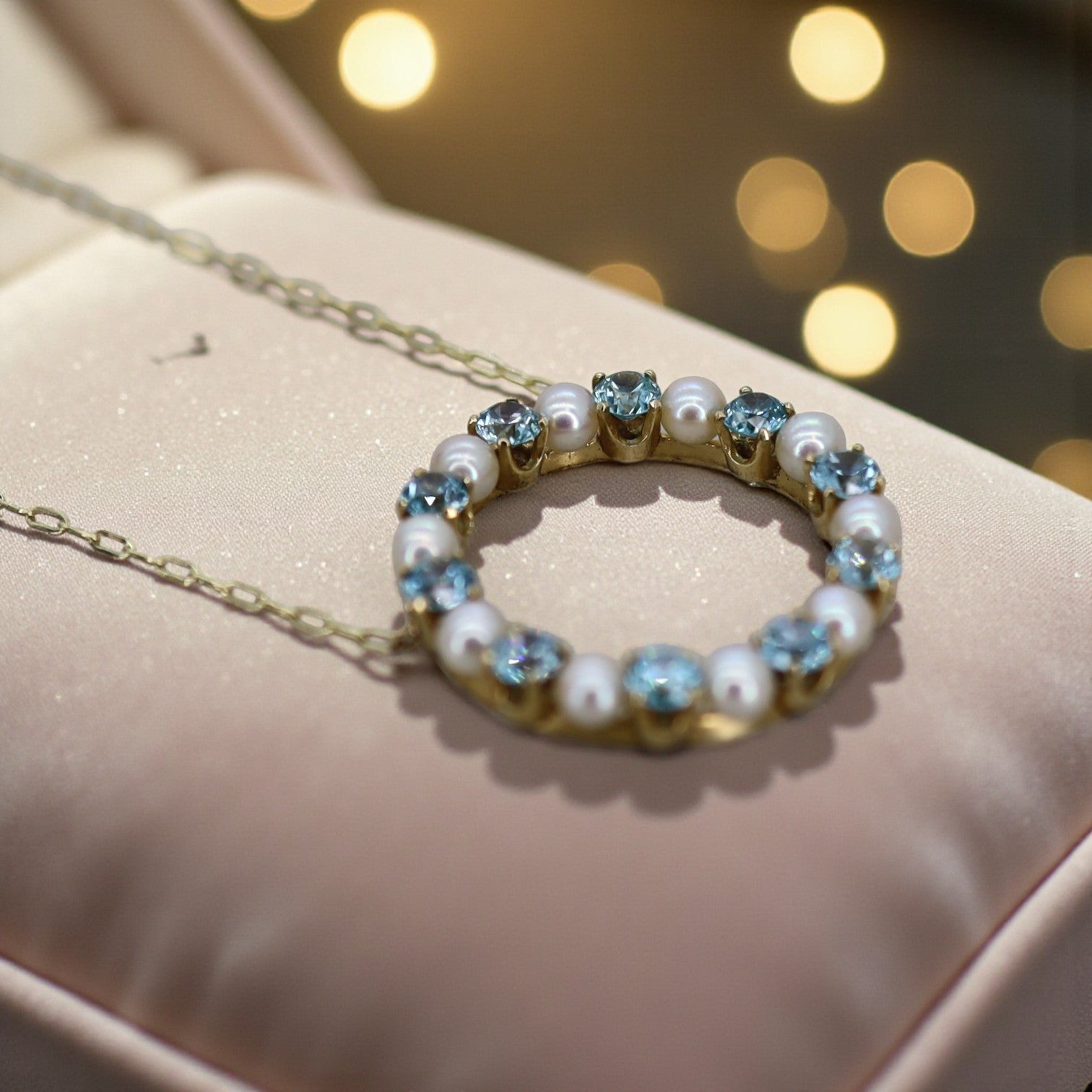 Blue Zircon & Pearl Circle Necklace 14k Gold – Vintage Brooch Conversion - Petra Star