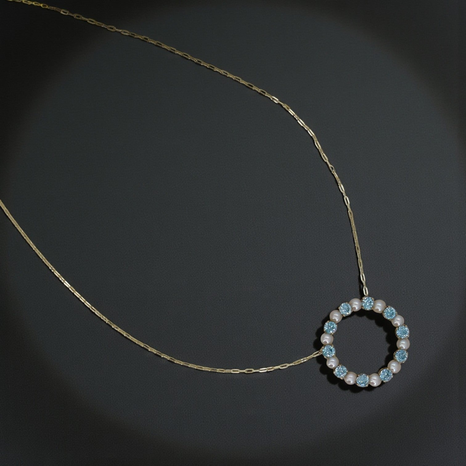 Blue Zircon & Pearl Circle Necklace 14k Gold – Vintage Brooch Conversion - Petra Star