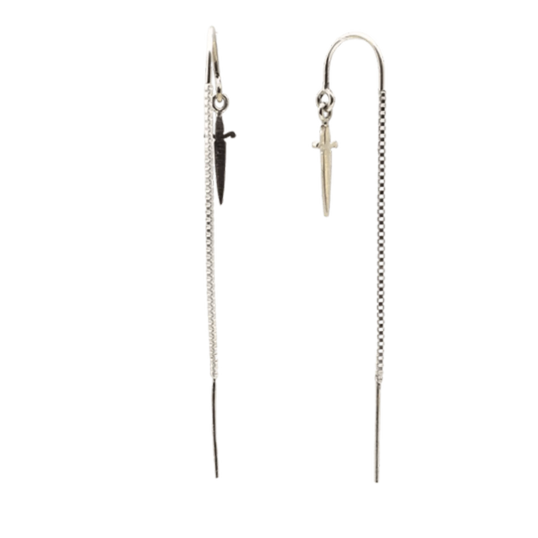 Petra Star Athame Threaders earrings featuring sleek, silver-tone design with intricate detailing for bohemian or gothic style.